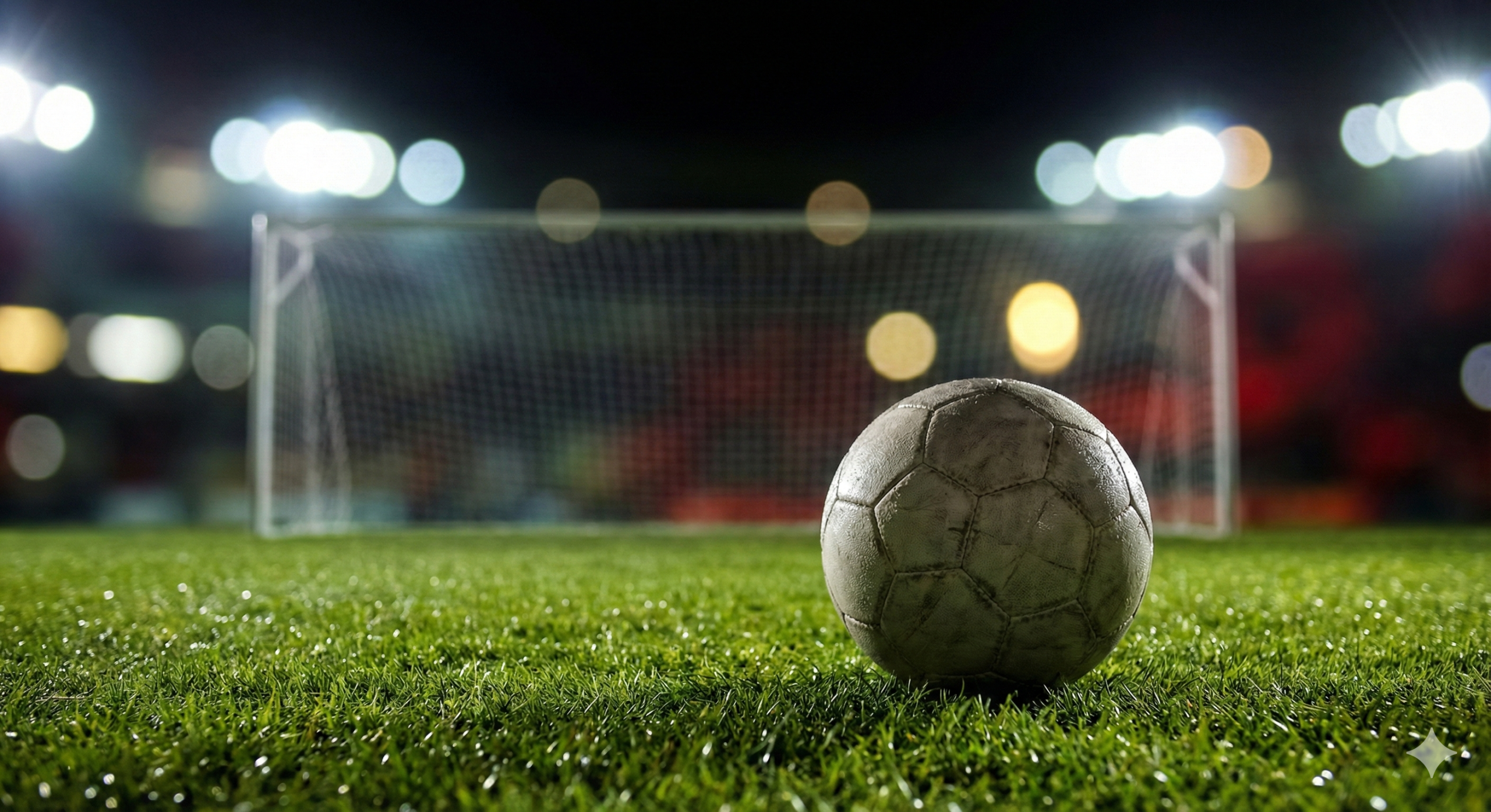 A close-up, low-angle shot of a professional football resting on the lush green turf, with the stadium goal net and floodlights blurred in the background. The scene evokes the tension before a penalty kick or a crucial set-piece. Subtle bokeh lighting effects in the background incorporate hints of red and black, reflecting the home team's colors. The image conveys a sense of anticipation and tactical focus, aligning with the statistical analysis and match prediction section of the article. The overall tone is serious, professional, and focused on the competitive nature of the Premier League.