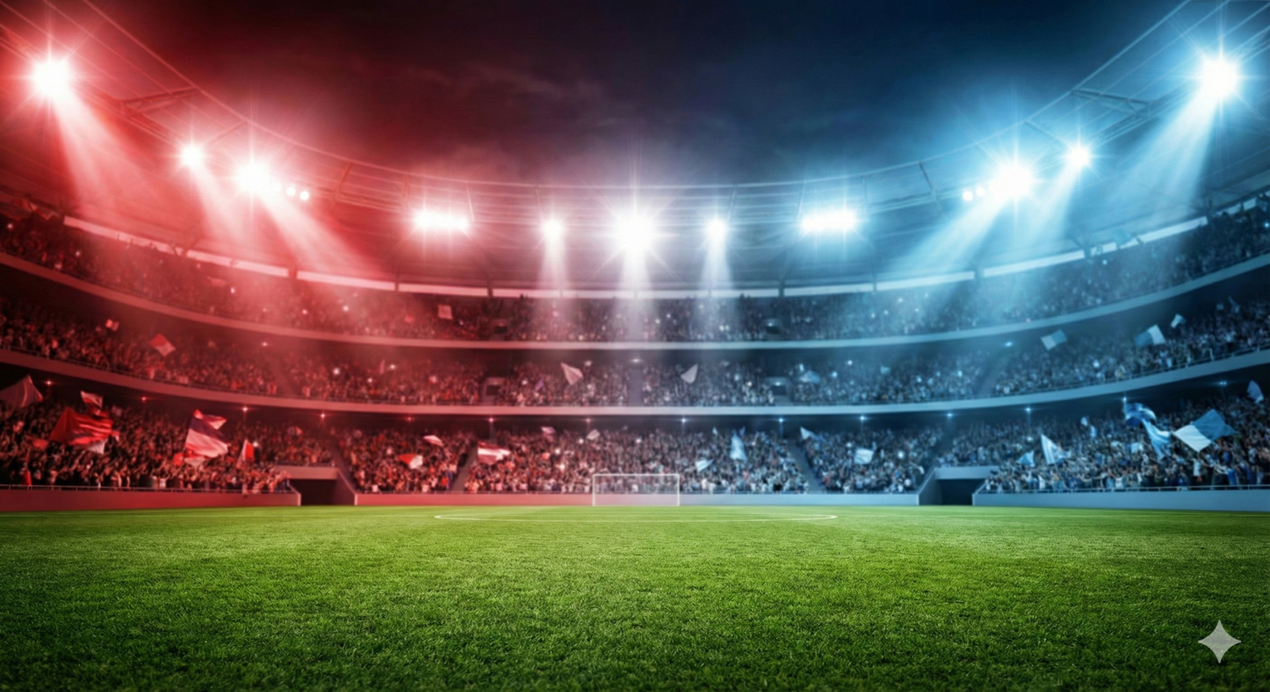 一张充满张力和戏剧性的英超联赛夜间球场概念图。画面中心是一个被明亮泛光灯照亮的足球场，草坪翠绿且纹理细腻。背景是座无虚席的体育场看台，模糊的观众挥舞着旗帜，营造出狂热的比赛氛围。画面左右两侧分别隐约投射出红色（代表阿森纳）和天蓝色（代表曼城）的光影，象征着榜首的激烈争夺。整体风格采用高清晰度的体育摄影质感，色彩鲜艳浓郁，光影对比强烈，突显周中快车赛程的紧张感和重要性。