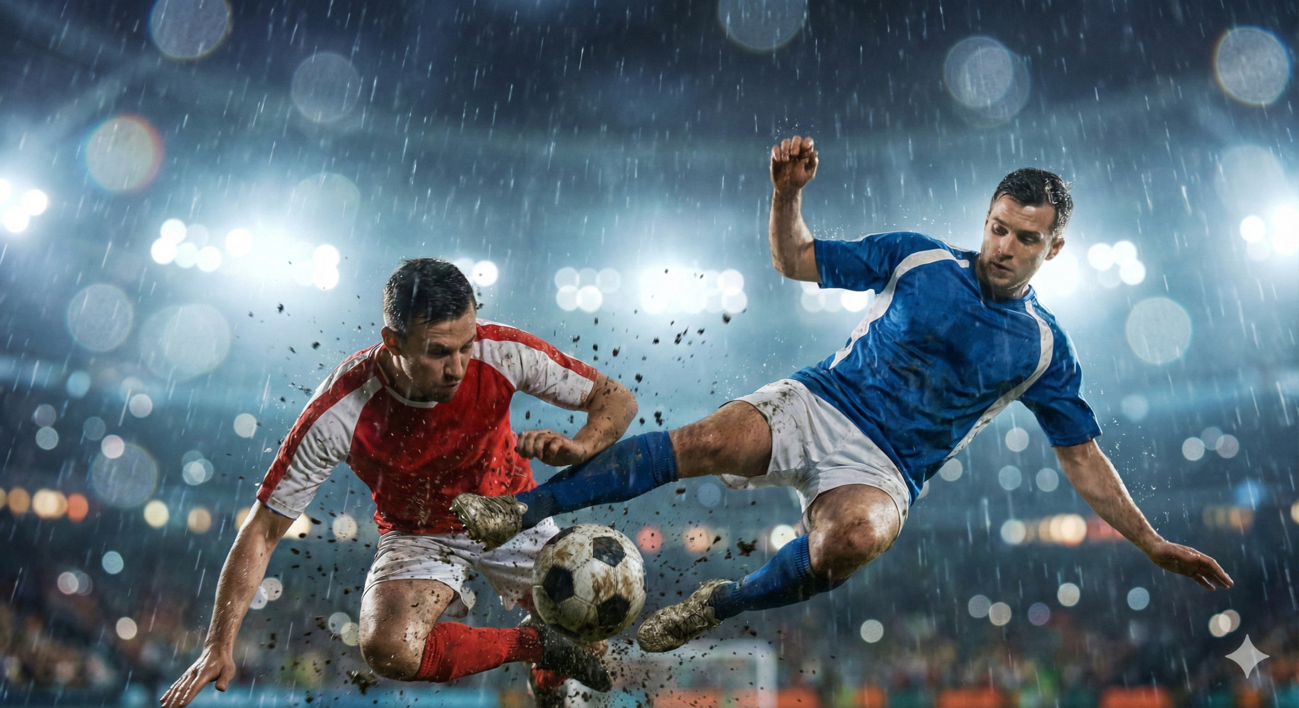 一幅极具动感的足球比赛现场动作特写图，用于文章中间部分。画面展示了两名球员在雨战中激烈拼抢的瞬间，泥土和水珠随着踢球的动作在空中飞溅，增强了视觉冲击力。球员穿着通用的红白和蓝白球衣，动作舒展有力。背景是由于大光圈拍摄而产生的梦幻般的光斑效果（Bokeh），模糊了具体的球场细节，将焦点完全集中在球员和足球上。图像风格为4K超高清写实风格，色调略微偏冷，体现夜间比赛的酷炫感。