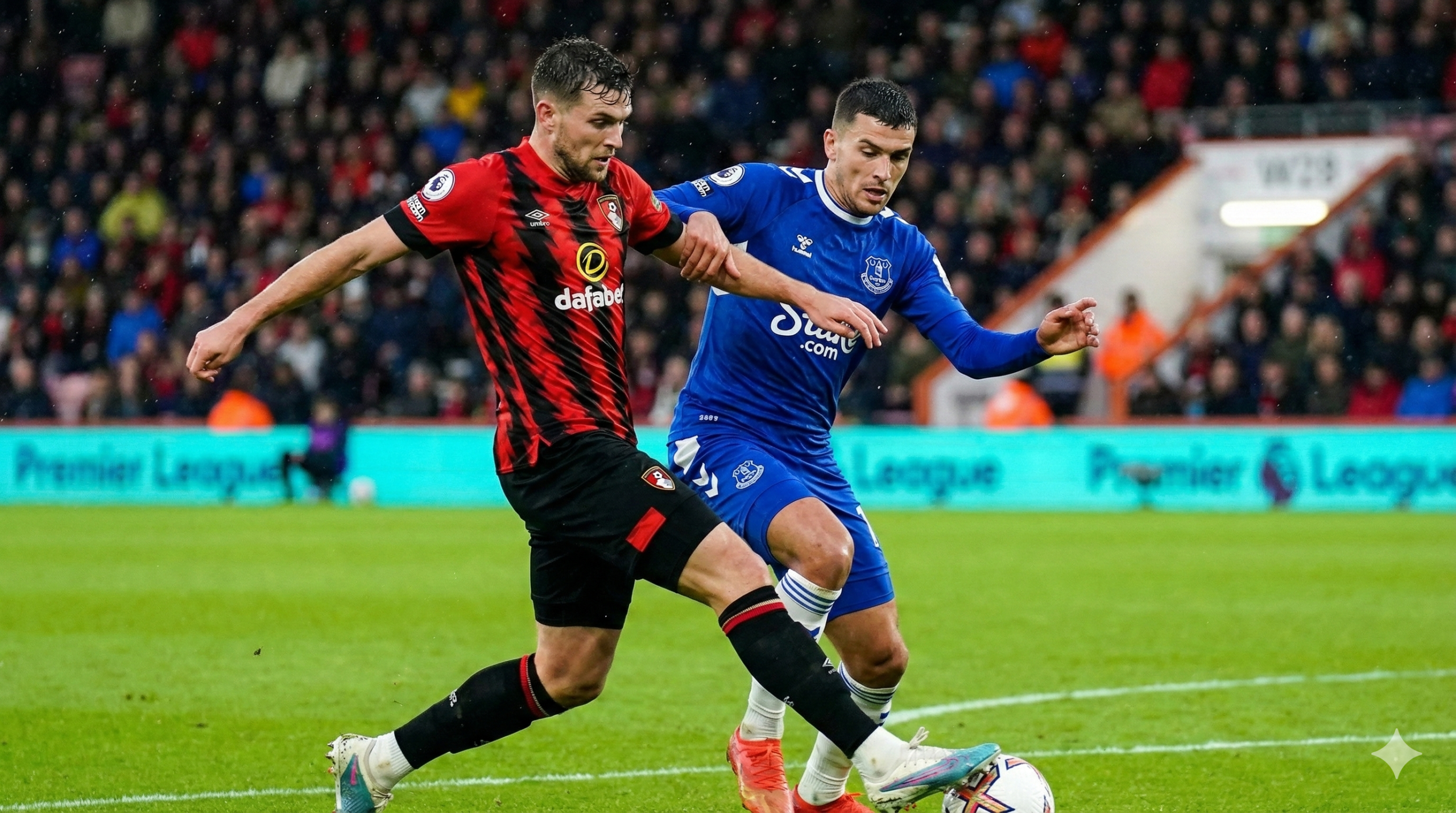 A dynamic and realistic sports photography style illustration depicting the intense Premier League football match between Bournemouth and Everton at the Vitality Stadium. The central focus is on two generic football players in a competitive duel for the ball; one player is wearing Bournemouth's iconic red and black vertical striped home kit, while the other wears Everton's royal blue away kit. The background features a blurred stadium atmosphere with bright floodlights illuminating the vibrant green pitch, creating a dramatic evening match setting. The image should capture the high stakes of the game, with sharp details on the players' kits and the texture of the football, suitable for a professional sports analysis website header.