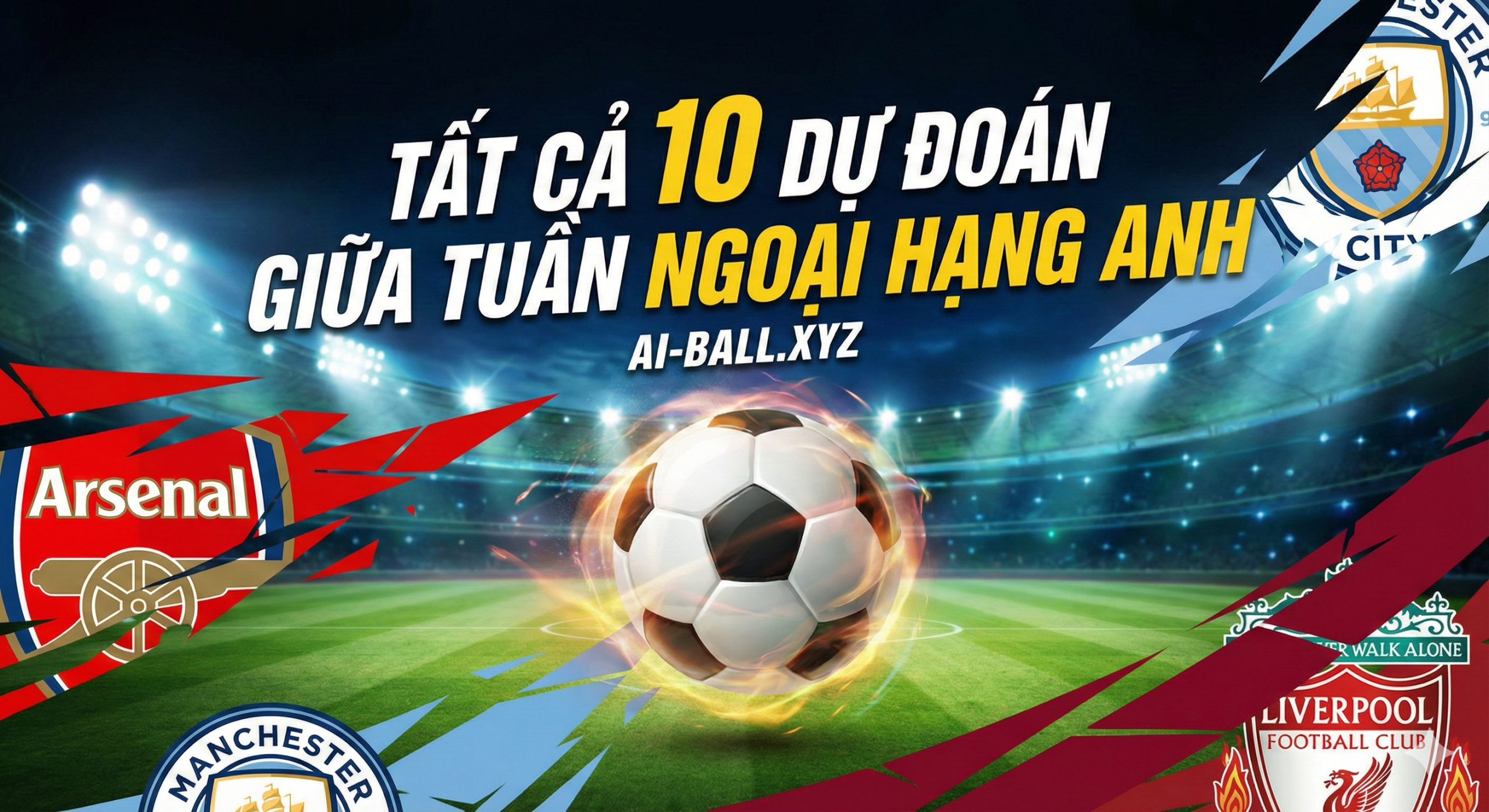 这是一张宏大且充满张力的英超联赛主题封面图，背景设定在周中夜晚灯火辉煌的大型足球场，绿色的草皮纹理清晰可见，强烈的体育场泛光灯光束穿透深邃的夜空，营造出周中夜赛的独特氛围。画面构图采用动态拼接风格，巧妙融合了阿森纳（红色）、曼城（天蓝色）和利物浦（深红色）等英超豪门球队的标志性配色元素，象征着积分榜上激烈的争夺战。画面中央设计了一个高速运动的足球特写，周围环绕着微妙的动态模糊效果，视觉冲击力强。整体风格写实、高清（4K分辨率），色彩饱和度高，完美契合体育竞技的热血与激情。