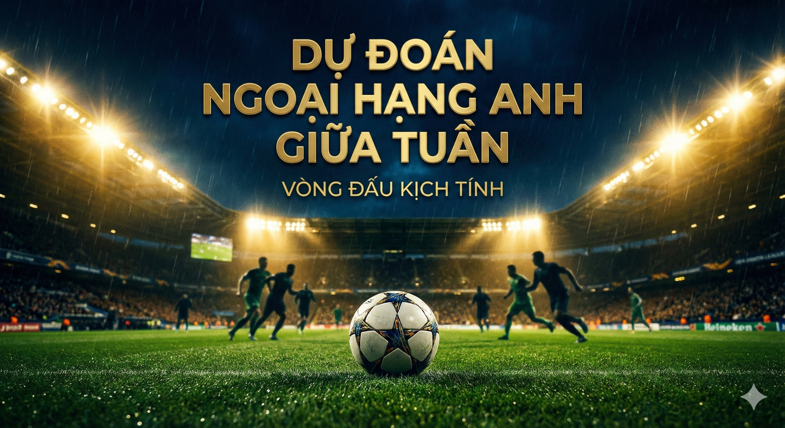 这是一张充满紧张氛围的英超联赛周中赛程封面图。画面背景是夜幕下的宏大足球场，灯光璀璨，象征着周中晚场比赛的独特氛围。画面中心展现了英超联赛的标志性元素，如模糊的球员剪影在激烈拼抢，或者一个摆放在草坪上的高质感足球。色调采用深邃的夜空蓝与鲜亮的草地绿形成对比，辅以金色的光影点缀，突显顶级联赛的尊贵与激情。构图中心明确，视觉冲击力强，完美契合ai-ball.xyz的专业足球预测主题。