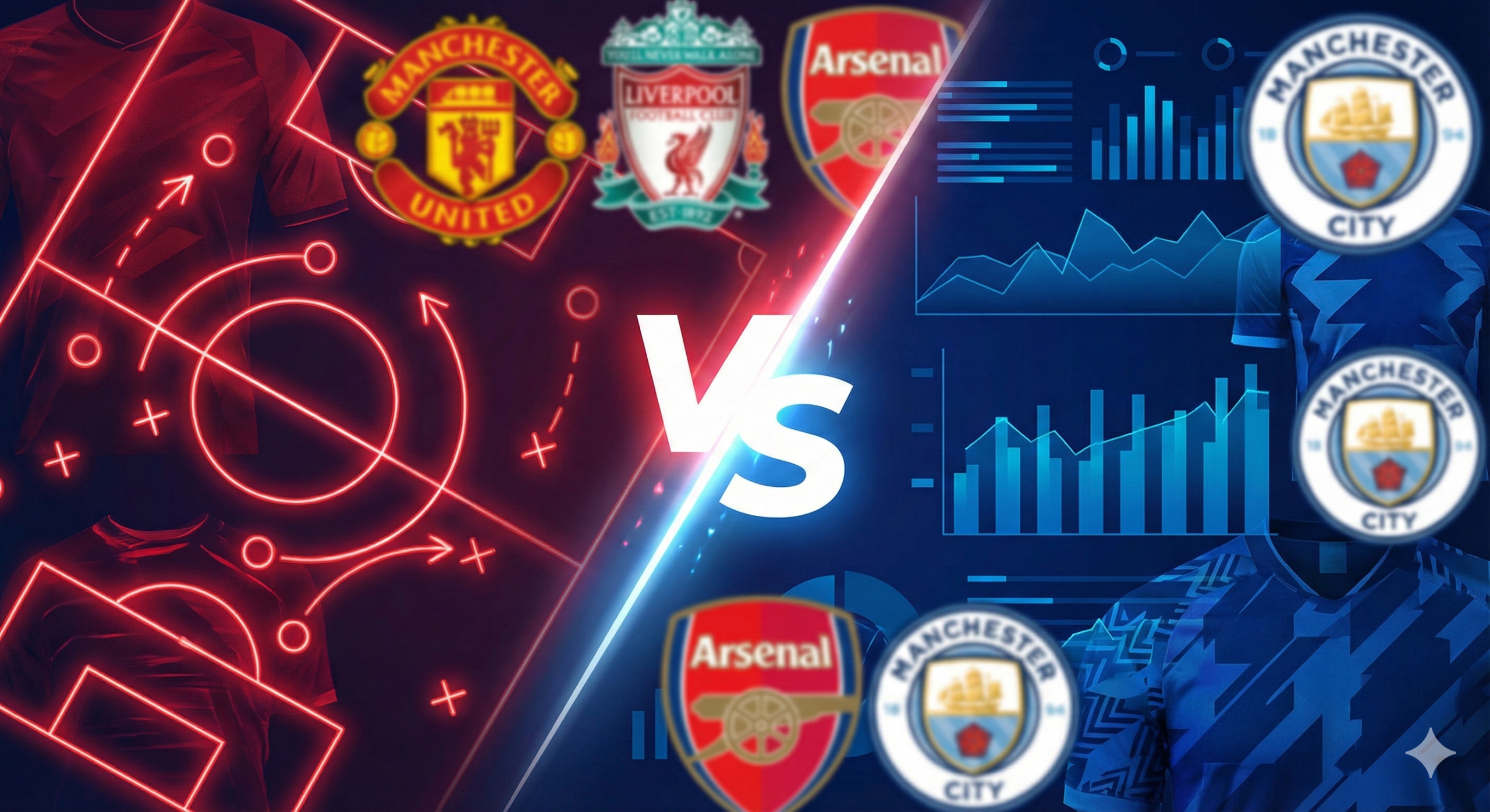 这是一张展示两队对抗概念的内容配图，用于文章中间部分。画面采用对角线分割构图，左侧展示红色系的球衣纹理与战术板线条，右侧展示蓝色系的球衣纹理与数据图表，中间用明亮的白色光束或“VS”字样连接，象征着激烈的攻防转换与战术博弈。背景中隐约可见模糊的英超球队队徽拼贴。整体风格现代且具有科技感，色彩饱满，能够有效缓解长文阅读的疲劳，同时呼应文章中对多场比赛的具体分析与预测内容。