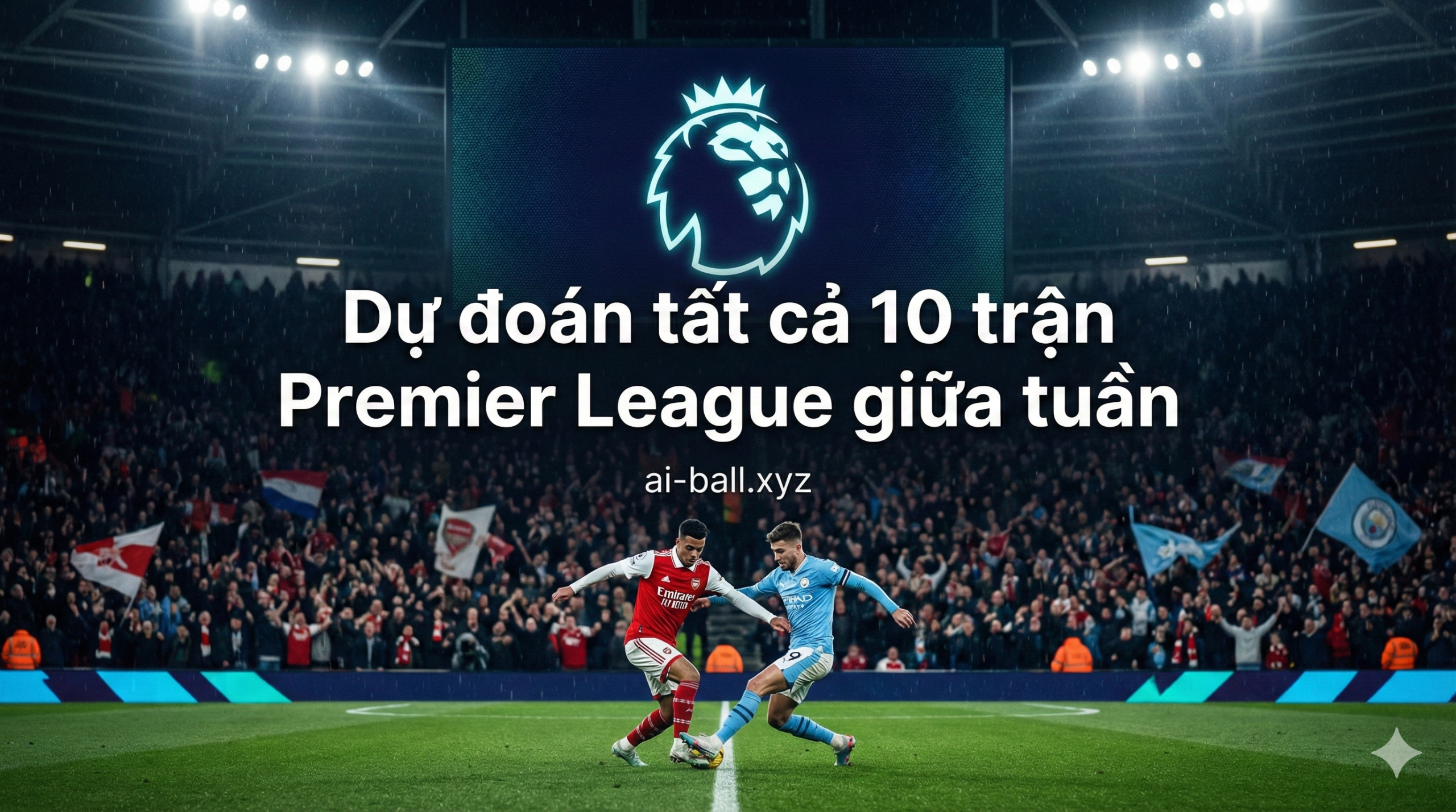 Hình ảnh bìa sống động và kịch tính thể hiện không khí sôi động của giải Ngoại hạng Anh. Trung tâm bức ảnh là sự đối đầu quyết liệt giữa các cầu thủ ngôi sao từ Arsenal và Manchester City trên sân cỏ xanh mướt dưới ánh đèn sân vận động rực rỡ vào ban đêm. Phía sau là logo Premier League nổi bật cùng đám đông khán giả cuồng nhiệt trên khán đài, tạo nên cảm giác hồi hộp của các trận đấu giữa tuần.