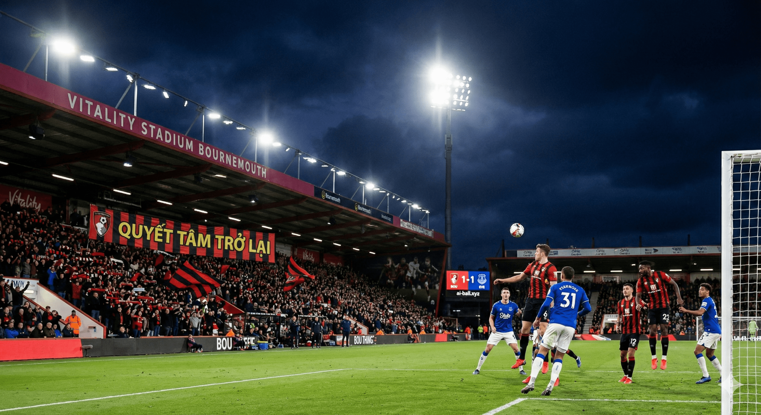 Một cảnh tượng kịch tính về trận đấu bóng đá tại Sân vận động Vitality của Bournemouth, với các cầu thủ của Bournemouth và Everton đang tranh bóng quyết liệt. Ánh đèn sân vận động rực rỡ chiếu sáng các cầu thủ trong trang phục đặc trưng của hai đội, tạo nên sự tương phản mạnh mẽ với bầu trời đêm. Khán giả trên khán đài đang cổ vũ cuồng nhiệt, tạo nên một bầu không khí sôi động và đầy kịch tính, thể hiện tinh thần quyết tâm giành chiến thắng của cả hai đội trong trận đấu quan trọng này.