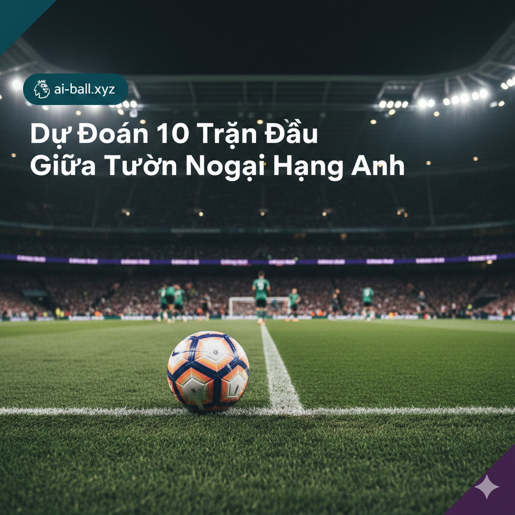 Hình ảnh toàn cảnh một sân vận động bóng đá Ngoại hạng Anh rực rỡ dưới ánh đèn pha vào buổi tối giữa tuần, tạo nên bầu không khí điện ảnh và sôi động. Mặt sân cỏ xanh mướt được cắt tỉa tỉ mỉ, với quả bóng thi đấu chính thức của Premier League nằm nổi bật ở tiền cảnh. Phía xa là hình bóng mờ ảo của các cầu thủ đang di chuyển, tượng trưng cho sự chuẩn bị trước giờ bóng lăn. Màu sắc chủ đạo là xanh dương đậm và tím, gợi nhớ đến thương hiệu giải đấu, thu hút người xem ngay từ cái nhìn đầu tiên.