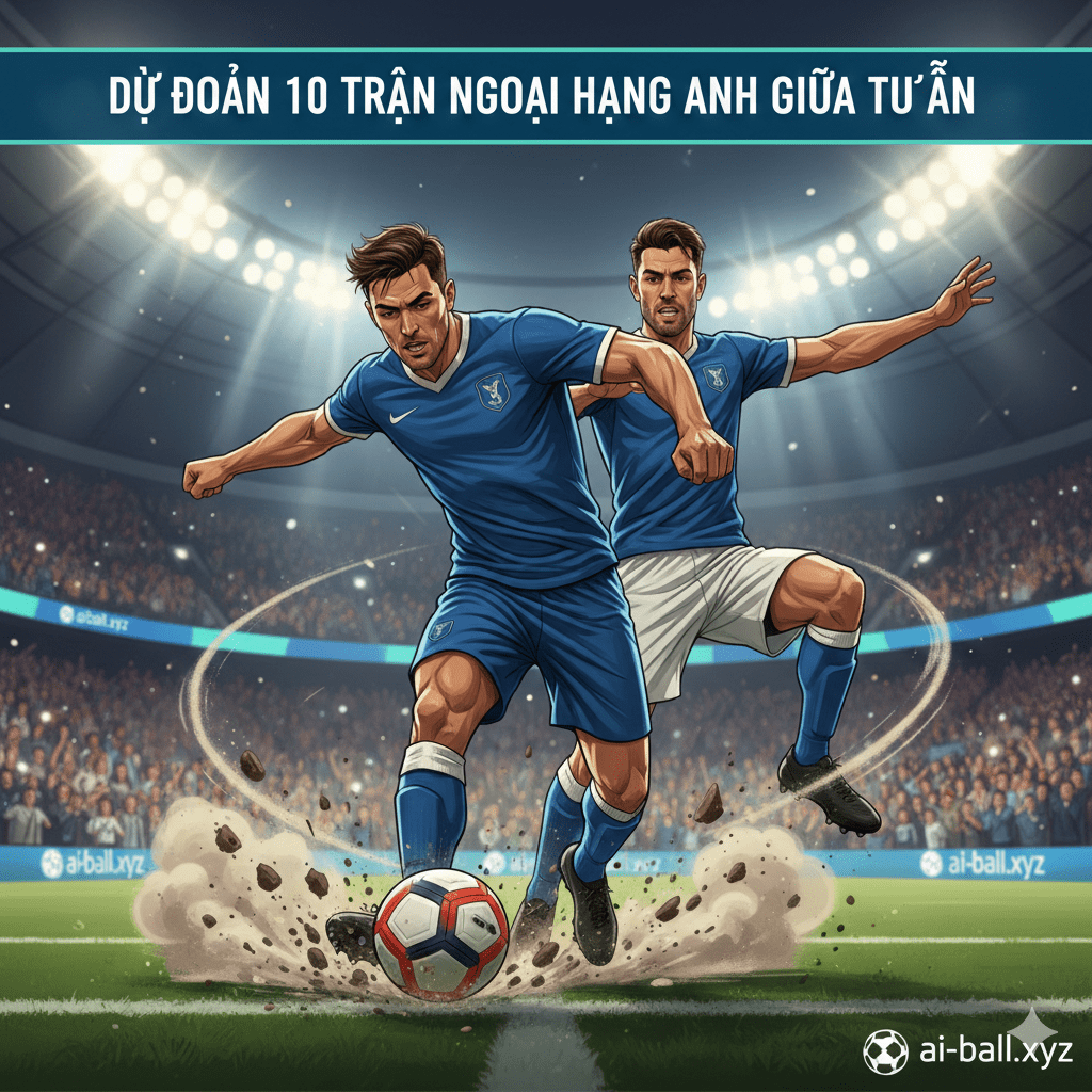 Một bức ảnh hành động cận cảnh ghi lại khoảnh khắc tranh chấp bóng quyết liệt giữa hai cầu thủ bóng đá trong một trận đấu căng thẳng. Cầu thủ đang thực hiện động tác sút bóng hoặc đánh đầu đầy mạnh mẽ, xung quanh là những mảng cỏ và đất bắn lên tung tóe thể hiện tốc độ cao. Hậu cảnh là khán đài mờ ảo chật kín người hâm mộ đang hò reo cổ vũ cuồng nhiệt. Hình ảnh này minh họa hoàn hảo cho sự kịch tính và khó lường của các dự đoán tỷ số được phân tích trong bài viết.