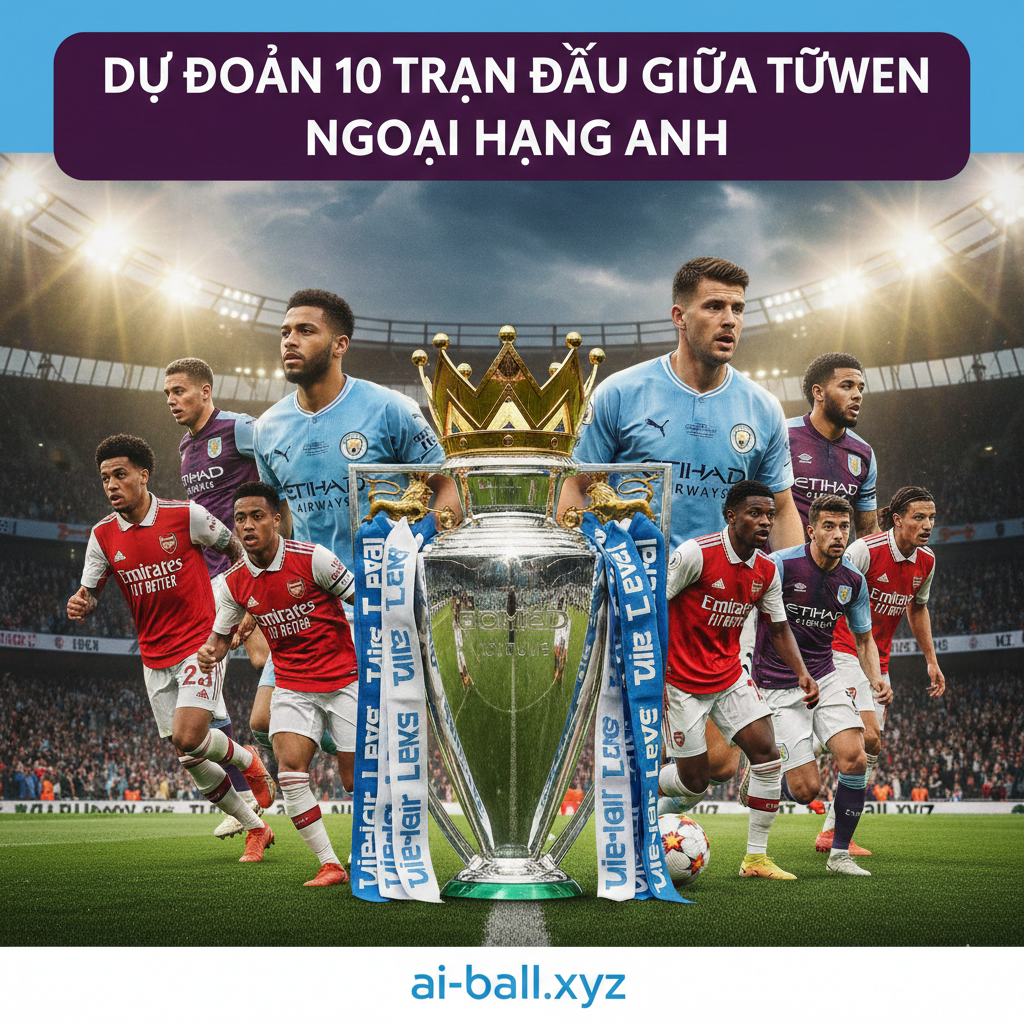 Một hình ảnh bìa sống động và kịch tính thể hiện bầu không khí sôi sục của giải Ngoại hạng Anh (Premier League). Trung tâm bức ảnh là chiếc cúp vô địch hoặc logo Premier League sáng bóng, được bao quanh bởi hình ảnh ghép nghệ thuật của các cầu thủ ngôi sao từ các đội bóng hàng đầu như Arsenal, Manchester City và Aston Villa đang thi đấu dưới ánh đèn pha rực rỡ của sân vận động vào buổi tối. Khán đài phía sau chật kín khán giả với cờ và biểu ngữ, tạo nên cảm giác căng thẳng và háo hức của loạt trận đấu giữa tuần đầy khốc liệt.