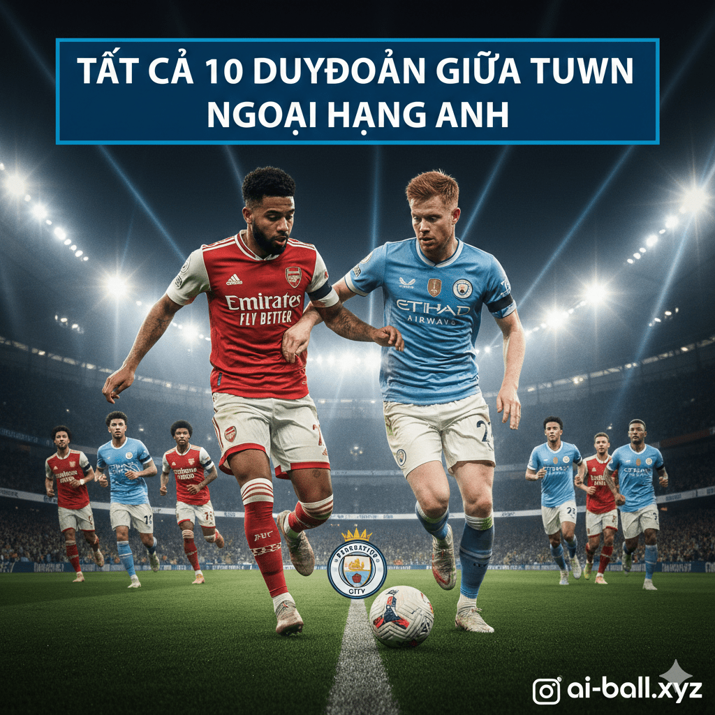 Hình ảnh đồ họa tổng hợp chất lượng cao thể hiện không khí sôi động của vòng đấu giữa tuần tại Premier League. Trung tâm bức ảnh là sự đối đầu mang tính biểu tượng giữa các ngôi sao hàng đầu của Arsenal và Manchester City, đại diện cho cuộc đua vô địch. Hậu cảnh là ánh đèn pha rực rỡ của sân vận động vào buổi tối, làm nổi bật logo Ngoại hạng Anh sáng bóng. Bầu không khí toát lên sự kịch tính, khẩn trương và chuyên nghiệp, thu hút người xem ngay từ cái nhìn đầu tiên khi truy cập vào bài viết dự đoán tỷ số.