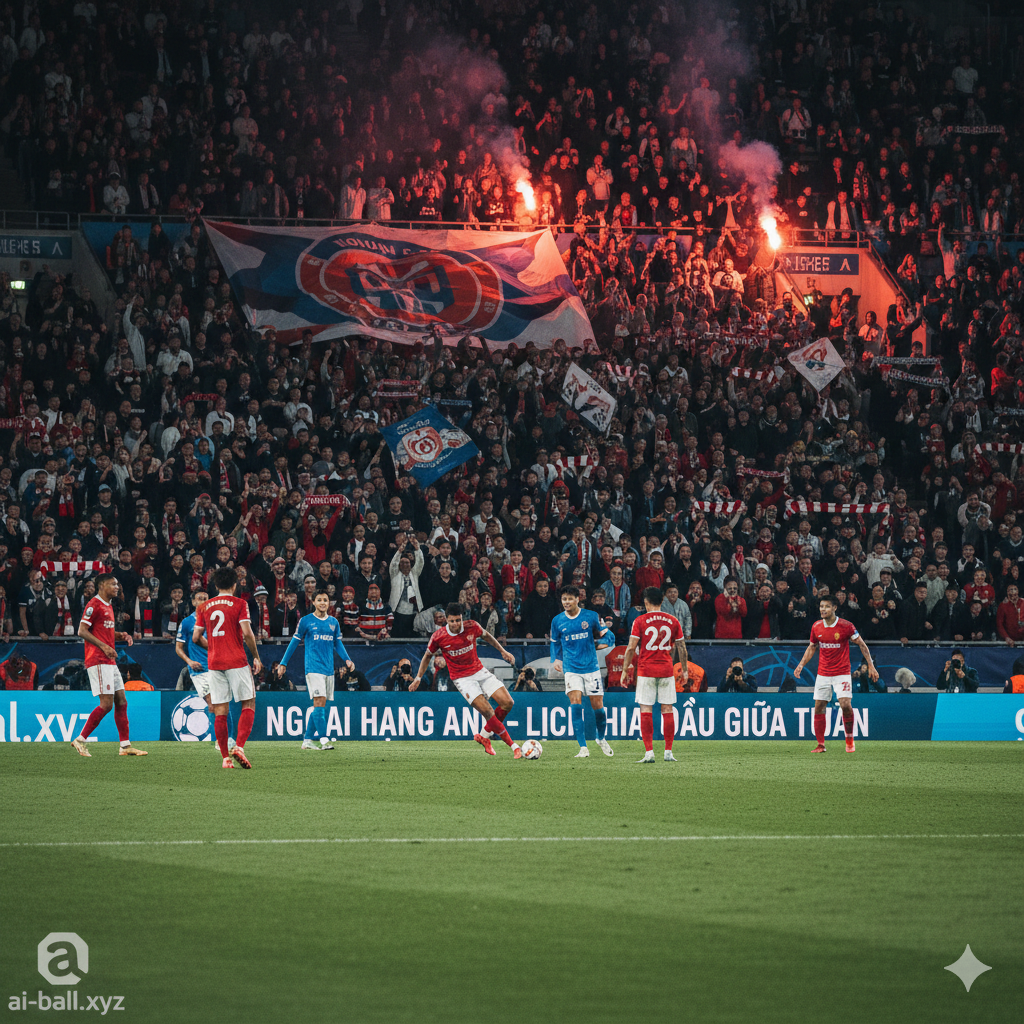 Một bức ảnh chụp thực tế góc rộng tại sân vận động trong một trận đấu đêm, minh họa cho các cặp đấu hấp dẫn như Liverpool hoặc Chelsea được nhắc đến ở phần sau bài viết. Hình ảnh ghi lại khoảnh khắc các cầu thủ đang tranh chấp bóng quyết liệt dưới ánh đèn sân cỏ sắc nét, trong khi khán đài phía sau chật kín cổ động viên đang hò reo cuồng nhiệt với cờ và khăn quàng cổ. Bức ảnh này giúp ngắt nhịp bài viết một cách hợp lý, mang lại cảm giác sống động về áp lực và sự hấp dẫn của lịch thi đấu dày đặc giữa tuần.