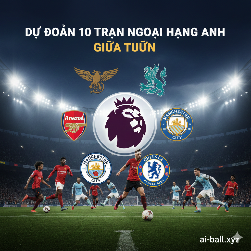 Một bức ảnh bìa năng động và hấp dẫn về chủ đề Ngoại hạng Anh, thể hiện sự kịch tính của loạt trận giữa tuần. Hình ảnh nên có logo Premier League nổi bật ở trung tâm, được bao quanh bởi các hình ảnh đại diện cho các câu lạc bộ lớn như Arsenal, Manchester City, Chelsea, Liverpool và Manchester United đang tranh tài trên sân cỏ. Sử dụng tông màu xanh lá cây và xanh lam đậm của sân vận động dưới ánh đèn pha buổi tối, nhấn mạnh tính cạnh tranh và sự mong đợi. Tiêu đề 'Dự đoán 10 trận Ngoại hạng Anh giữa tuần' được đặt ở phía trên bằng phông chữ đậm để thu hút sự chú ý của độc giả Việt Nam.