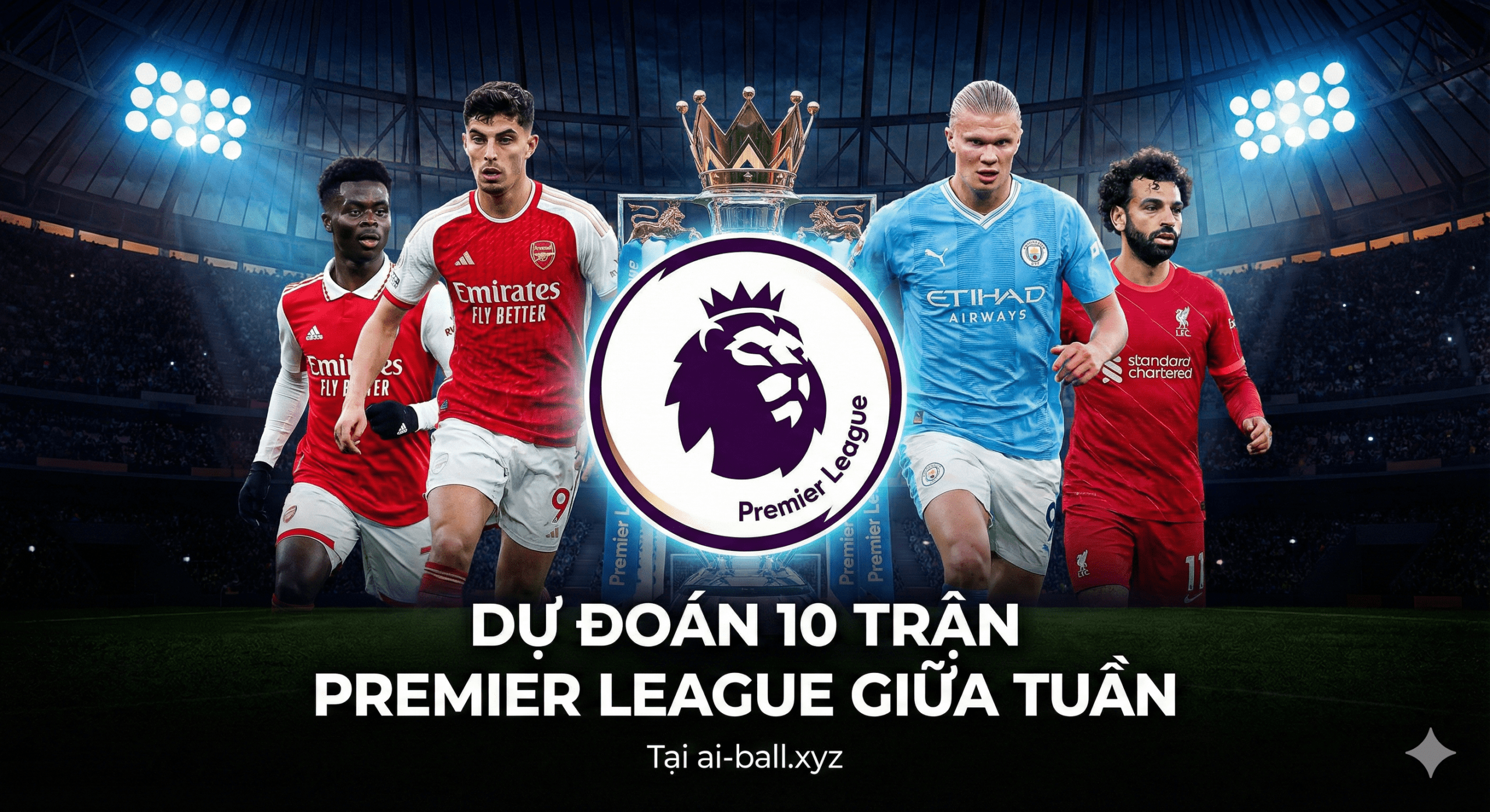 Một hình ảnh thiết kế đồ họa ấn tượng và chuyên nghiệp làm nổi bật không khí sôi động của vòng đấu giữa tuần tại Premier League. Trung tâm bức ảnh là logo Premier League sáng bóng hoặc chiếc cúp vô địch danh giá, được bao quanh bởi hình ảnh ghép nghệ thuật của các ngôi sao bóng đá hàng đầu từ Arsenal, Manchester City và Liverpool đang trong tư thế thi đấu quyết liệt. Phông nền là sân vận động rực rỡ ánh đèn pha vào buổi tối, với khán đài chật kín người hâm mộ đang hò reo, tạo nên cảm giác kịch tính và mong chờ cho các trận đấu sắp tới.