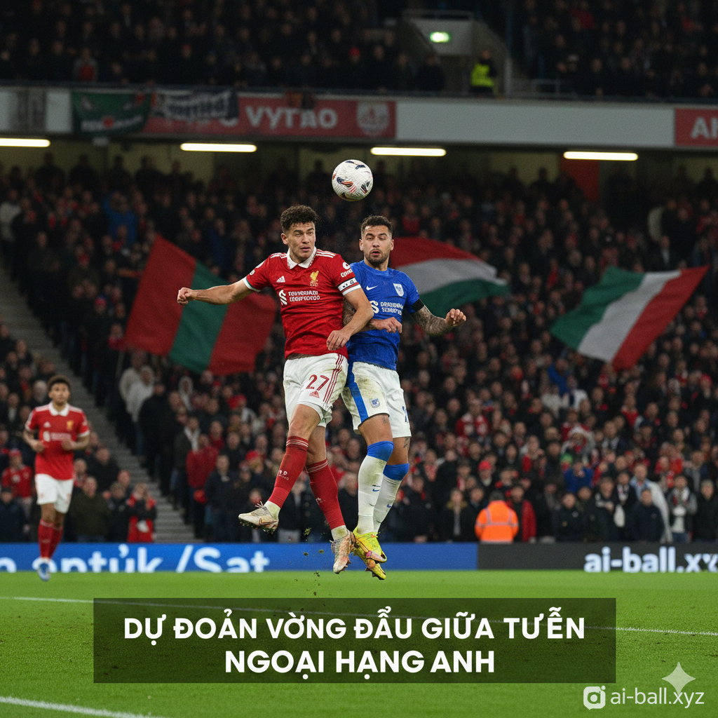 Cảnh tượng một pha tranh chấp bóng đầy kịch tính trên sân cỏ trong một trận đấu đêm tại Ngoại hạng Anh. Các cầu thủ trong trang phục thi đấu rực rỡ đang nỗ lực kiểm soát bóng dưới ánh đèn sân vận động chói lòa, làm nổi bật những giọt mồ hôi và sự tập trung cao độ. Hậu cảnh là những hàng ghế khán giả mờ ảo với cờ và biểu ngữ tung bay, thể hiện sức nóng và áp lực của các trận cầu đinh, minh họa hoàn hảo cho những phân tích chi tiết về chiến thuật và dự đoán tỷ số trong bài viết.