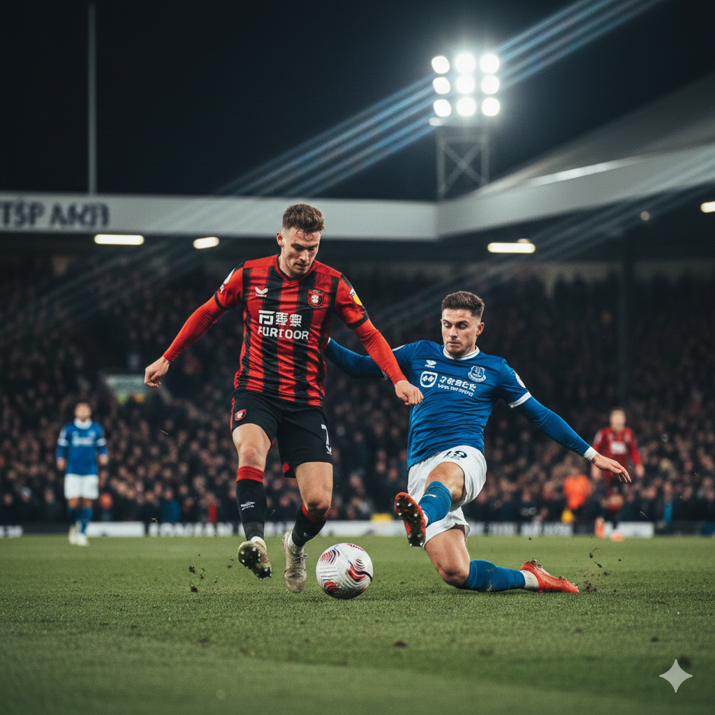 Hình ảnh minh họa một cảnh đối đầu quyết liệt trên sân cỏ giữa cầu thủ của Bournemouth (áo đỏ sọc đen, biệt danh 'The Cherries') và cầu thủ của Everton (áo xanh lam đậm, biệt danh 'The Toffees'). Ánh sáng sân vận động chiếu rọi trong một trận đấu bóng đá buổi tối, tượng trưng cho cuộc đối đầu vào tối thứ Ba tại sân Vitality. Cầu thủ Bournemouth nên thể hiện sự quyết tâm và khí thế tấn công, phù hợp với dự đoán đội nhà sẽ giành chiến thắng dễ dàng. Khung cảnh nên mang đậm không khí căng thẳng và đầy kịch tính của giải Premier League, với bóng đá đang lăn giữa hai người.