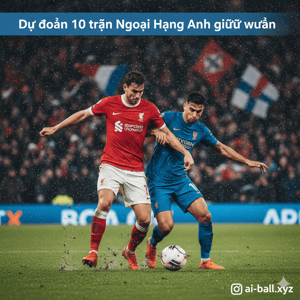 Hình ảnh thiết kế đồ họa chất lượng cao thể hiện không khí sôi động của vòng đấu giữa tuần tại giải Ngoại hạng Anh. Trung tâm bức ảnh là chiếc cúp Premier League lấp lánh, được bao quanh bởi logo hoặc màu áo của các đội bóng lớn đang cạnh tranh gay gắt như Arsenal, Manchester City và Aston Villa. Bối cảnh là một sân vận động bóng đá hiện đại vào ban đêm dưới ánh đèn pha rực rỡ, tạo cảm giác kịch tính và khẩn trương. Màu sắc chủ đạo nên là màu tím và xanh dương đặc trưng của thương hiệu Premier League, kết hợp với các yếu tố đồ họa thể hiện số liệu thống kê hoặc biểu đồ dự đoán để phù hợp với chủ đề bài viết phân tích.