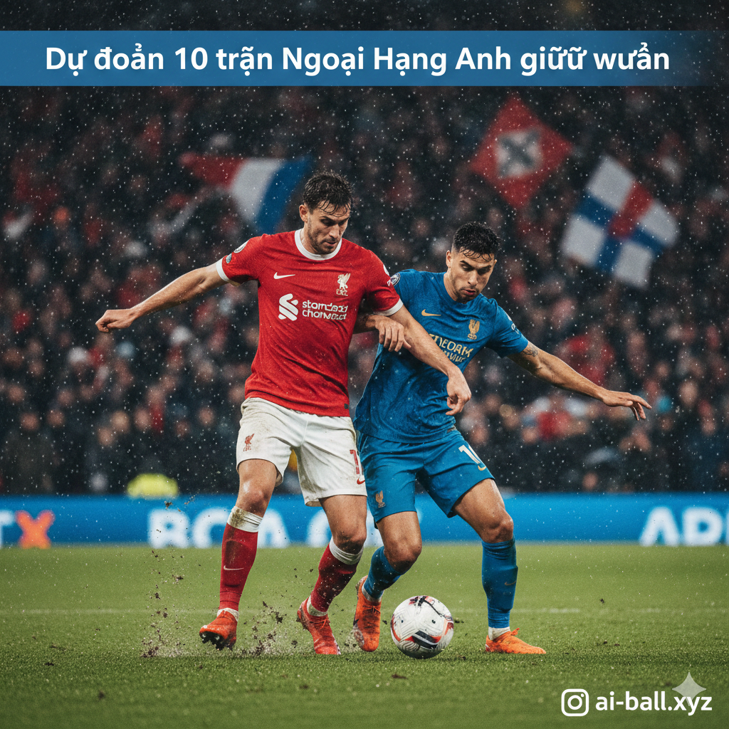 Một bức ảnh chụp cận cảnh hành động thực tế trên sân cỏ, ghi lại khoảnh khắc tranh chấp bóng quyết liệt giữa hai cầu thủ thuộc hai đội bóng đối địch dưới trời mưa nhẹ hoặc ánh đèn sân vận động loang loáng, thể hiện sự khắc nghiệt của lịch thi đấu dày đặc. Hậu cảnh là khán đài mờ ảo với những lá cờ tung bay và đám đông cổ động viên đang hò reo cuồng nhiệt. Bức ảnh này nhằm mục đích minh họa cho các phân tích chi tiết về chiến thuật và phong độ của các đội bóng như Liverpool, Chelsea hay Manchester United được đề cập trong phần thân bài, mang lại cảm giác sống động và chân thực cho người đọc.