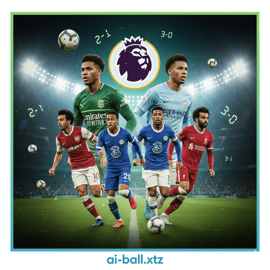 Một hình ảnh tổng hợp, năng động, mang đậm không khí Ngoại hạng Anh. Bố cục chính nên là sự pha trộn của logo Premier League và hình ảnh các cầu thủ tiêu biểu từ các đội bóng lớn sẽ đối đầu trong vòng đấu giữa tuần này như Arsenal, Man City, Chelsea, Tottenham và Liverpool. Hình ảnh có thể sử dụng tông màu xanh lá, xanh dương và vàng đặc trưng của giải đấu, với hiệu ứng ánh sáng sân vận động vào buổi tối. Thêm vào đó, có thể chèn các con số dự đoán tỷ số hoặc quả bóng đang bay vào khung hình để thể hiện chủ đề 'dự đoán trận đấu' một cách trực quan, hấp dẫn, bằng tiếng Việt (hoặc không chữ).