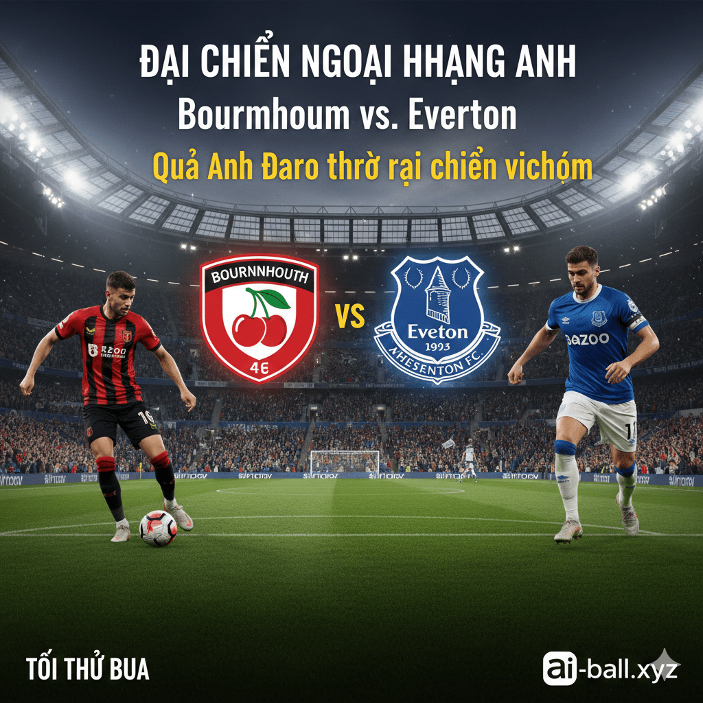 Hình ảnh đồ họa kỹ thuật số chất lượng cao mô tả trận đại chiến giữa Bournemouth và Everton tại giải Ngoại hạng Anh. Trung tâm bức ảnh là logo của hai đội bóng được đặt đối xứng trên nền sân vận động Vitality lung linh dưới ánh đèn pha. Bên trái là cầu thủ Bournemouth trong màu áo sọc đỏ đen truyền thống đang dẫn bóng dũng mãnh, trong khi bên phải là hậu vệ Everton trong trang phục áo xanh đặc trưng đang nỗ lực truy cản. Bầu không khí cuồng nhiệt từ khán đài được tái hiện rõ nét, hứa hẹn một trận cầu nảy lửa và kịch tính vào tối thứ Ba.