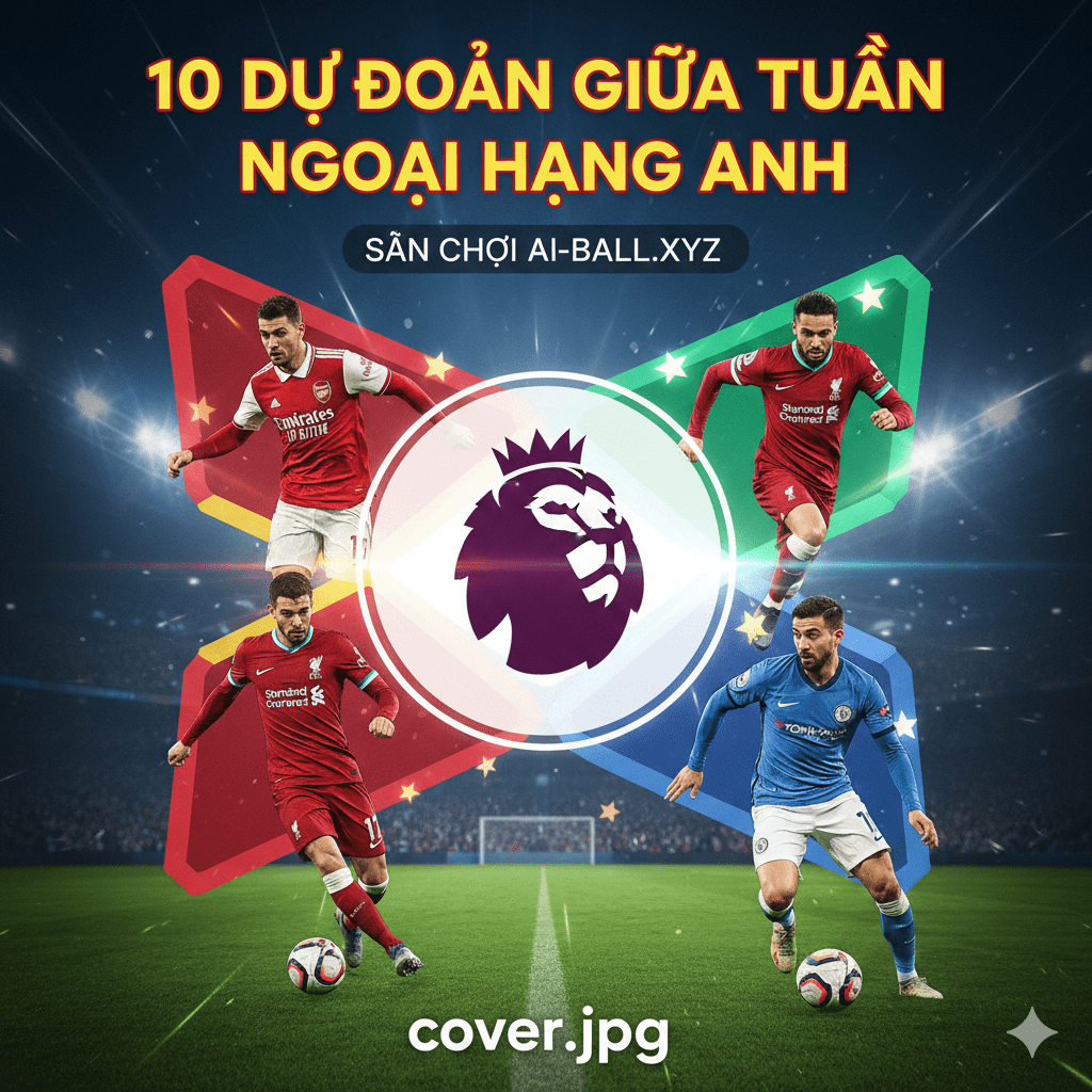 Hình ảnh bìa tổng hợp, năng động, đại diện cho vòng đấu giữa tuần Premier League sắp tới. Nên sử dụng màu sắc rực rỡ và độ tương phản cao, thể hiện sự kịch tính và hấp dẫn của các trận đấu sắp diễn ra. Hình ảnh có thể bao gồm các biểu tượng hoặc chân dung cách điệu của các cầu thủ chủ chốt từ các đội bóng hàng đầu như Arsenal, Manchester City, Liverpool, và Chelsea, cùng với logo Premier League ở vị trí nổi bật. Cảm giác chung là sự chờ đợi, tốc độ và hành động, phản ánh sự kiện 10 trận đấu dày đặc trong vài ngày, thu hút sự chú ý của người hâm mộ.