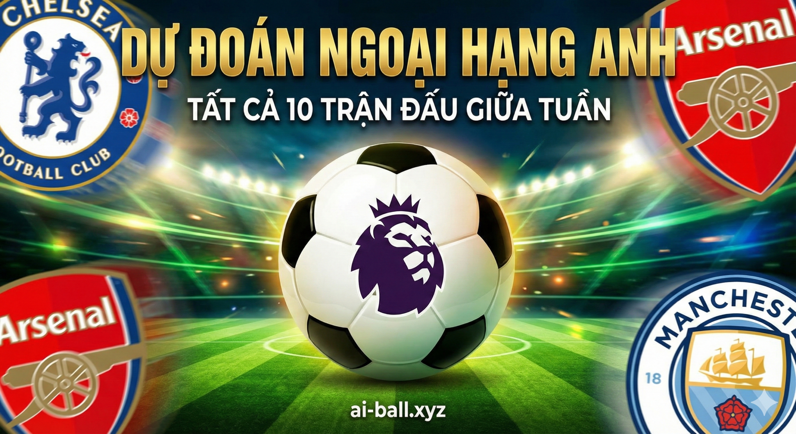 Một bức ảnh tổng hợp sống động và năng động, sử dụng phong cách đồ họa thể thao chuyên nghiệp. Ảnh nên có một quả bóng đá chính giữa với logo Premier League đặt ở góc. Nền phía sau là sự kết hợp của nhiều màu sắc sân cỏ xanh và ánh sáng sân vận động vào buổi tối. Thêm vào đó, có thể lồng ghép hình ảnh mờ hoặc biểu tượng của các đội bóng lớn như Manchester City, Arsenal, Liverpool và Chelsea ở các góc. Tiêu đề "Dự Đoán Ngoại Hạng Anh" nên được đặt nổi bật.