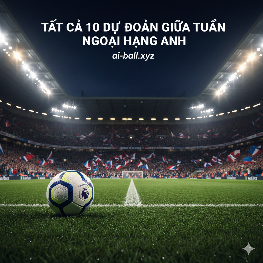 A high-intensity cinematic shot of a modern Premier League stadium under bright floodlights during a night match. In the foreground, a professional soccer ball with the official league design rests on the lush green grass, with dew glistening. The background shows a blurred, packed stadium with fans waving flags in various colors like red, blue, and white, creating a vibrant atmosphere. The color palette is dominated by deep night blues, vibrant stadium greens, and golden lighting, capturing the prestige and excitement of English football. Wide-angle composition with a low-depth-of-field effect.