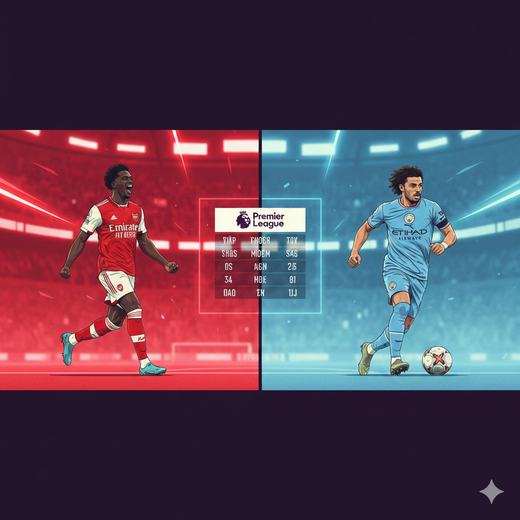 A split-screen style conceptual illustration representing the intense title race between Arsenal and Manchester City. On one side, a stylized silhouette of a player in a red and white kit celebrating, and on the other, a player in sky blue leading a charge. Between them is a digital leaderboard graphic showing the Premier League logo and blurred match results. The style is modern sports graphic design with dynamic light streaks, neon accents, and a high-contrast color scheme of red vs. light blue, symbolizing the battle for the top spot. The composition is symmetrical and energetic.