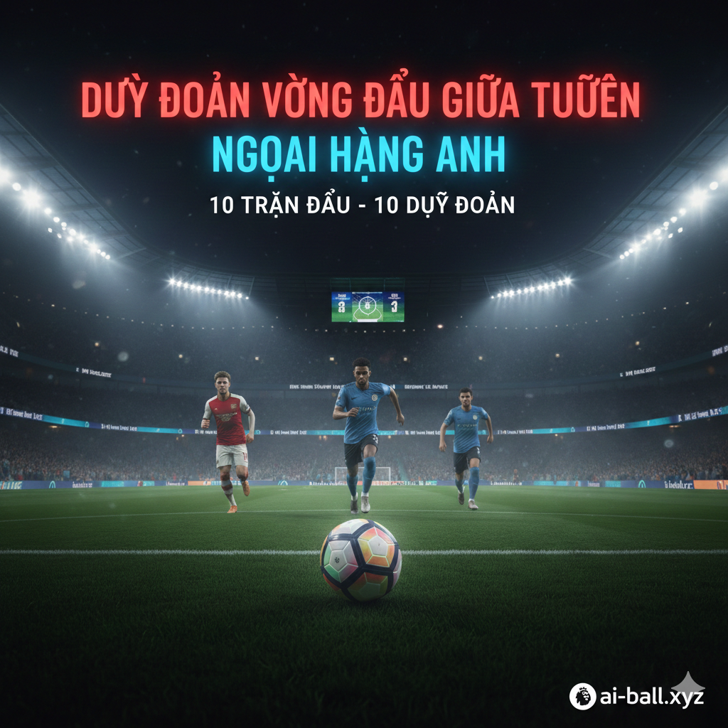 A high-energy cinematic wide shot of a modern English football stadium at night under bright floodlights. In the foreground, three blurred figures representing the 'title race' (Arsenal, Man City, and Aston Villa colors) are chasing a glowing Premier League football. The atmosphere is misty and intense, with a palette of deep stadium greens, vibrant electric blues, and fiery reds. The composition uses a low-angle perspective to emphasize the drama and scale of the midweek matches, featuring fans' silhouettes in the background and a digital scoreboard showing 'Midweek Predictions'.