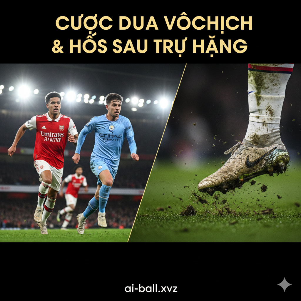 A dynamic split-screen composition contrasting the top and bottom of the table. On the left side, an Arsenal player in a red jersey and a Man City player in sky blue are shown in a high-speed sprint side-by-side, symbolizing the title race. On the right side, a gritty close-up of a football boot on mud and grass, representing the 'relegation battle' with darker tones and high contrast. The lighting is dramatic, with sharp highlights and deep shadows, using a professional sports photography style with a shallow depth of field to make the central action pop.