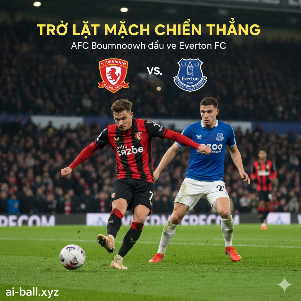 Một hình ảnh minh họa trận đấu kịch tính giữa Bournemouth và Everton tại giải Ngoại hạng Anh. Ở tiền cảnh là một cầu thủ Bournemouth mặc áo sọc đỏ đen truyền thống đang tranh bóng quyết liệt với một cầu thủ Everton mặc áo xanh dương trên thảm cỏ xanh mướt của sân vận động Vitality. Ánh đèn sân vận động rực rỡ vào buổi tối tạo nên không khí sôi động, chuyên nghiệp. Phong cách ảnh thể thao thực tế, sắc nét, màu sắc rực rỡ và có chiều sâu, tập trung vào sự chuyển động và nỗ lực của các cầu thủ.