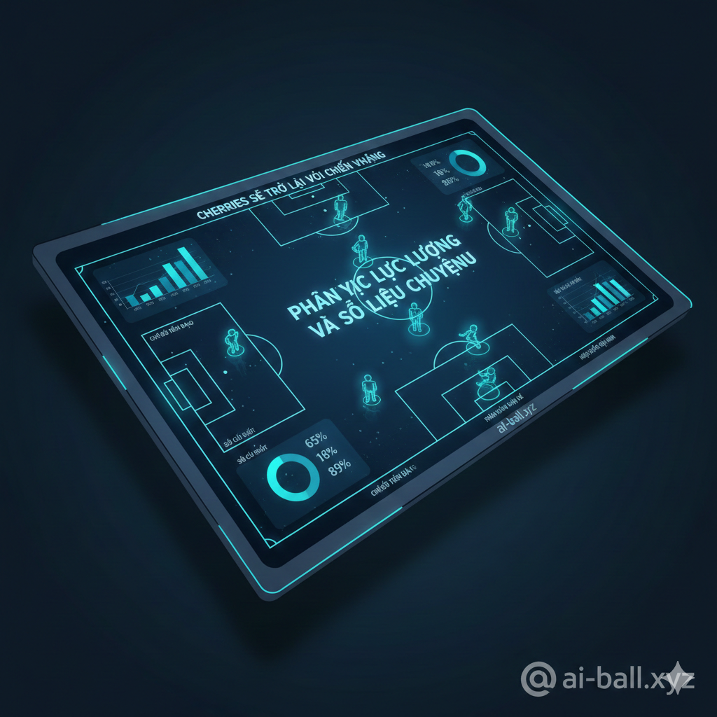 Một hình ảnh minh họa về phân tích số liệu bóng đá chuyên sâu trên nền tảng kỹ thuật số. Hình ảnh hiển thị một bảng chiến thuật hiện đại với các biểu tượng cầu thủ, sơ đồ đội hình, và các chỉ số thống kê như phần trăm kiểm soát bóng, số cú sút dưới dạng biểu đồ hologram mờ ảo. Màu sắc chủ đạo là xanh navy và xanh neon, tạo cảm giác công nghệ cao phù hợp với thương hiệu ai-ball.xyz. Bố cục hiện đại, góc nhìn từ trên xuống hoặc góc nghiêng 3D chuyên nghiệp.