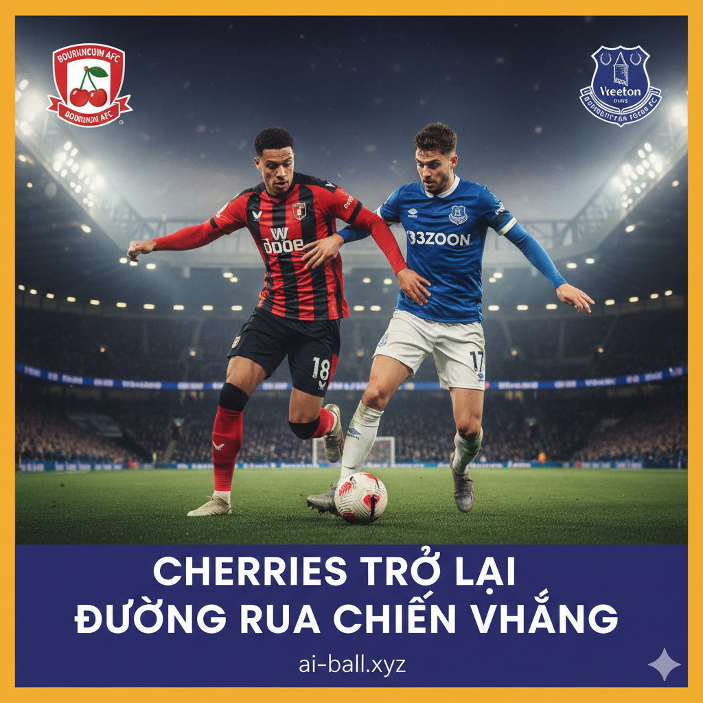 Một hình ảnh mang phong cách đồ họa thể thao chuyên nghiệp với độ phân giải cao, tập trung vào cuộc đối đầu giữa Bournemouth và Everton. Hình ảnh hiển thị hai cầu thủ đại diện cho hai đội trong trang phục thi đấu đặc trưng (đỏ đen và xanh dương) đang tranh bóng quyết liệt trên nền sân vận động Vitality rực sáng ánh đèn. Phông nền hơi mờ để làm nổi bật chủ thể, sử dụng tông màu hiện đại với các hiệu ứng ánh sáng năng động, logo của hai câu lạc bộ được đặt tinh tế ở hai góc phía trên, tạo cảm giác về một trận cầu kịch tính tại Premier League.