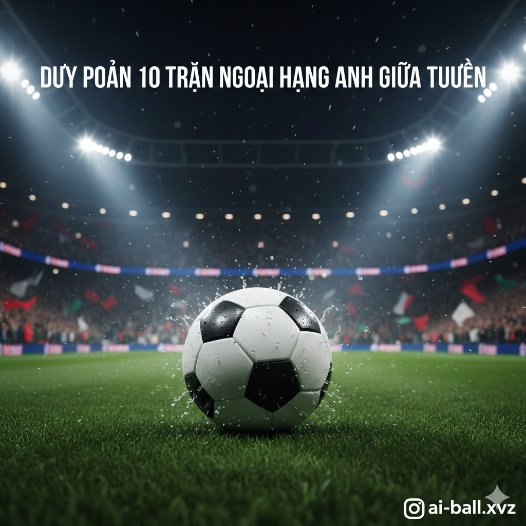 A dynamic and high-energy cinematic wide shot of a modern Premier League stadium illuminated under bright floodlights at night. In the center, a high-quality 3D football rests on the lush green grass with water droplets flying off it. The background shows a blurred, packed stadium with fans waving flags in a mix of team colors like red, blue, and white. The atmosphere is intense and dramatic, with lens flares from the stadium lights and a slight mist in the air. Professional sports photography style, vibrant colors, and sharp focus on the ball.