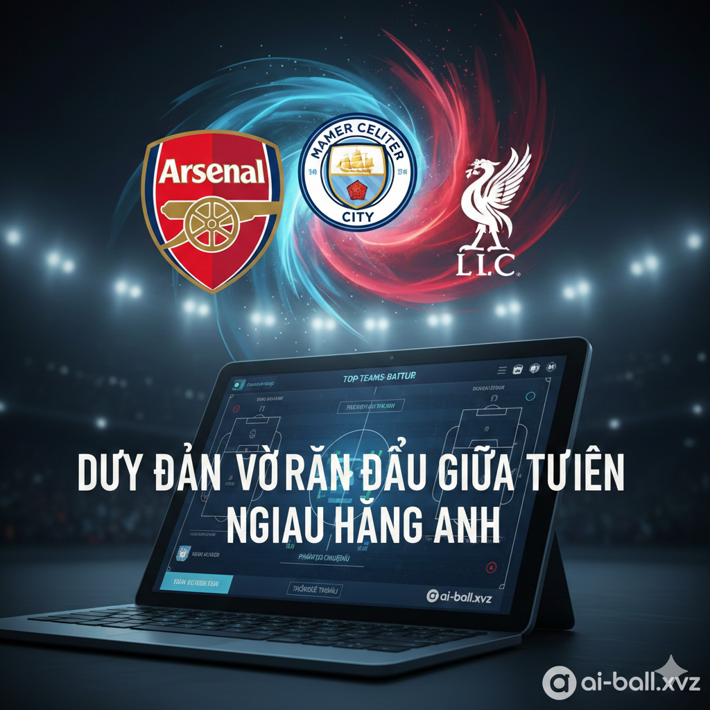 A visual representation of the competitive nature of the Premier League midweek fixtures. The composition features abstract representations of top club colors—Arsenal red, Man City sky blue, and Liverpool crimson—seamlessly blending together in a creative, energetic swirl. In the foreground, a sleek digital scoreboard or tablet displays football statistics and tactical formations. The lighting is moody and cool-toned, symbolizing the 'midweek night' vibe, with glowing neon elements to emphasize the analytical and predictive theme of the article.