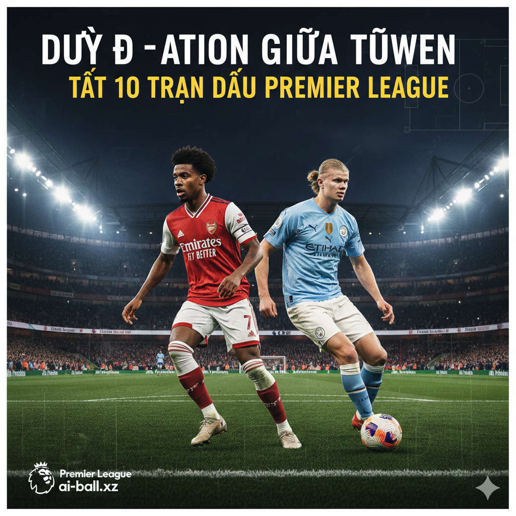 A high-energy cinematic wide shot of a modern Premier League stadium at night under bright floodlights. In the foreground, focused artistic renderings of key players like Bukayo Saka in an Arsenal kit and Erling Haaland in a Man City kit are shown in a dynamic action pose. The background features a blurred, cheering crowd in a sea of red and blue colors. The atmosphere is intense and dramatic, with cool blue night tones contrasted by warm golden stadium lights. The composition is a low-angle shot to emphasize the grandeur of the competition, with a faint digital overlay of a tactical football pitch and the Premier League logo integrated subtly into the grass texture.