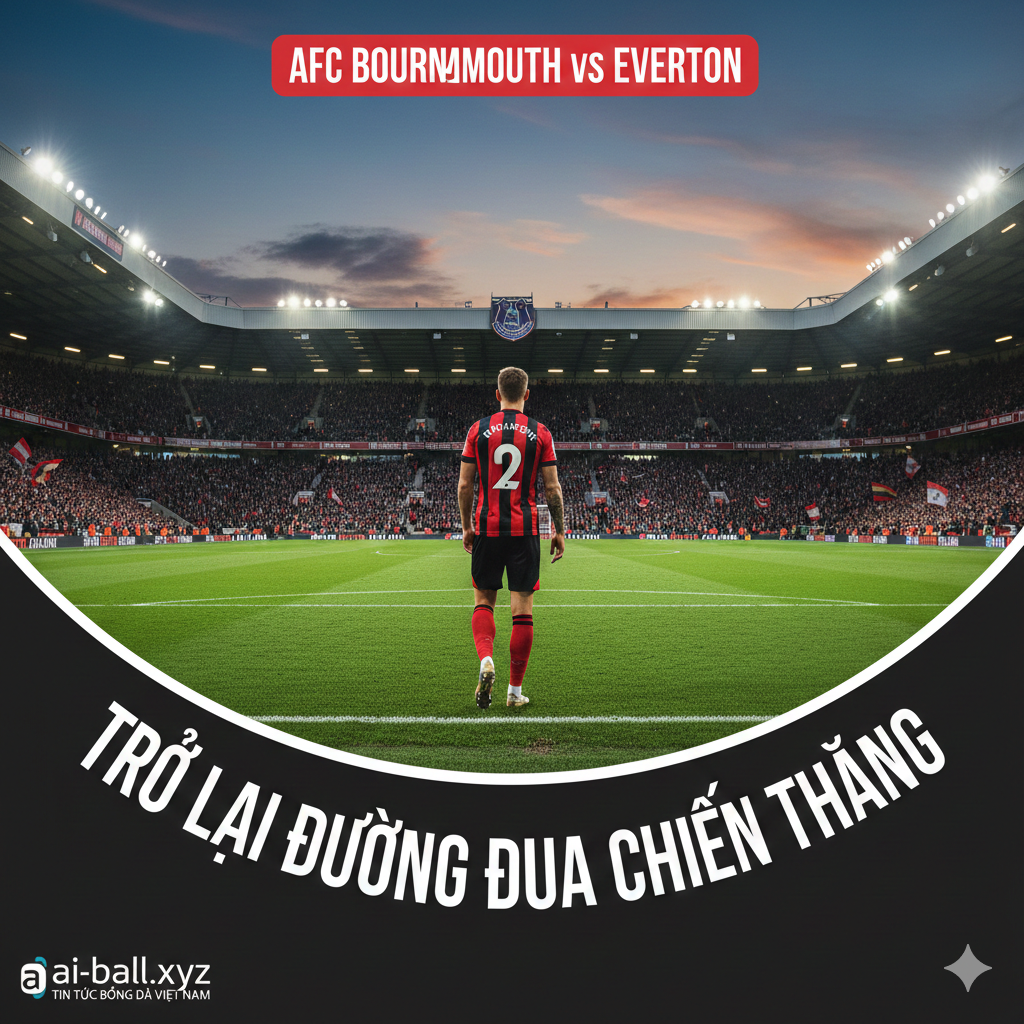 A high-energy cinematic shot of a football stadium at dusk, capturing the intense atmosphere of the Vitality Stadium. In the foreground, a professional football player in Bournemouth's iconic red and black striped kit is seen from behind, looking towards a bright green pitch illuminated by powerful floodlights. The sky is a deep twilight blue with hints of orange. The composition uses a low-angle shot to create a sense of grandeur and anticipation, with a slight motion blur to suggest the fast-paced nature of the Premier League. The style is realistic and high-definition, focusing on vivid colors and dramatic lighting.