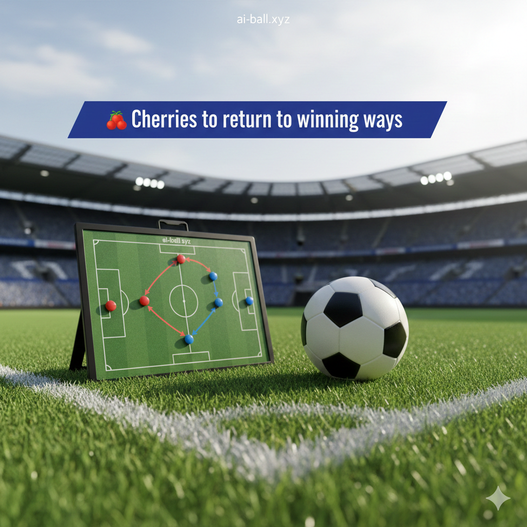 A detailed close-up of a tactical coaching board and a professional football lying on a lush green grass pitch. The board shows strategic movements with red and blue magnetic markers representing the two teams, Bournemouth and Everton. In the background, the blurred stands of a modern stadium create a professional sporting context. The color palette is dominated by the natural green of the turf and the sharp contrast of the white chalk lines. The lighting is bright afternoon sun, casting soft shadows. The composition is a top-down artistic angle, emphasizing the analytical and strategic side of the match preview.