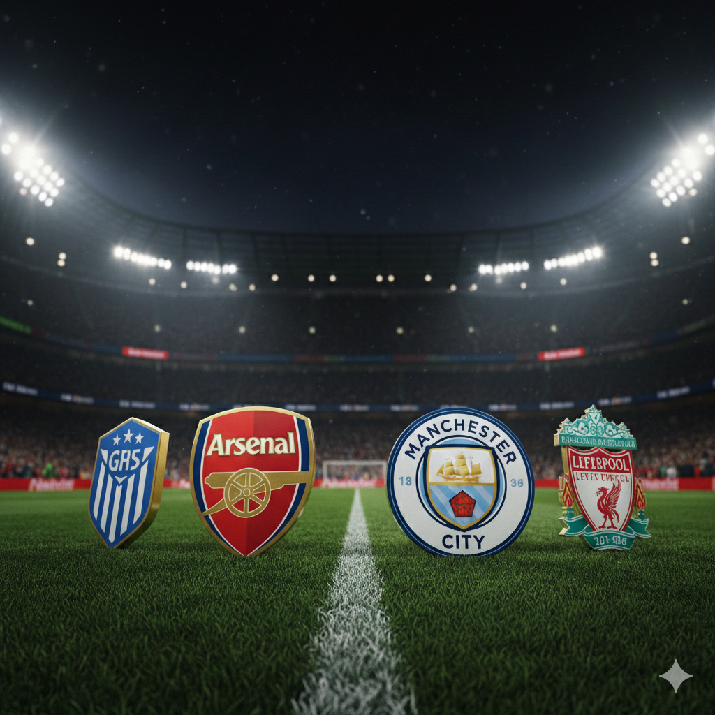 A dynamic sports cover image featuring a high-stakes Premier League atmosphere. In the foreground, stylized 3D crests of major clubs like Arsenal, Manchester City, and Liverpool are arranged on a professional football pitch. The background shows a crowded, blurred stadium under bright floodlights at night, creating a midweek matchday vibe.