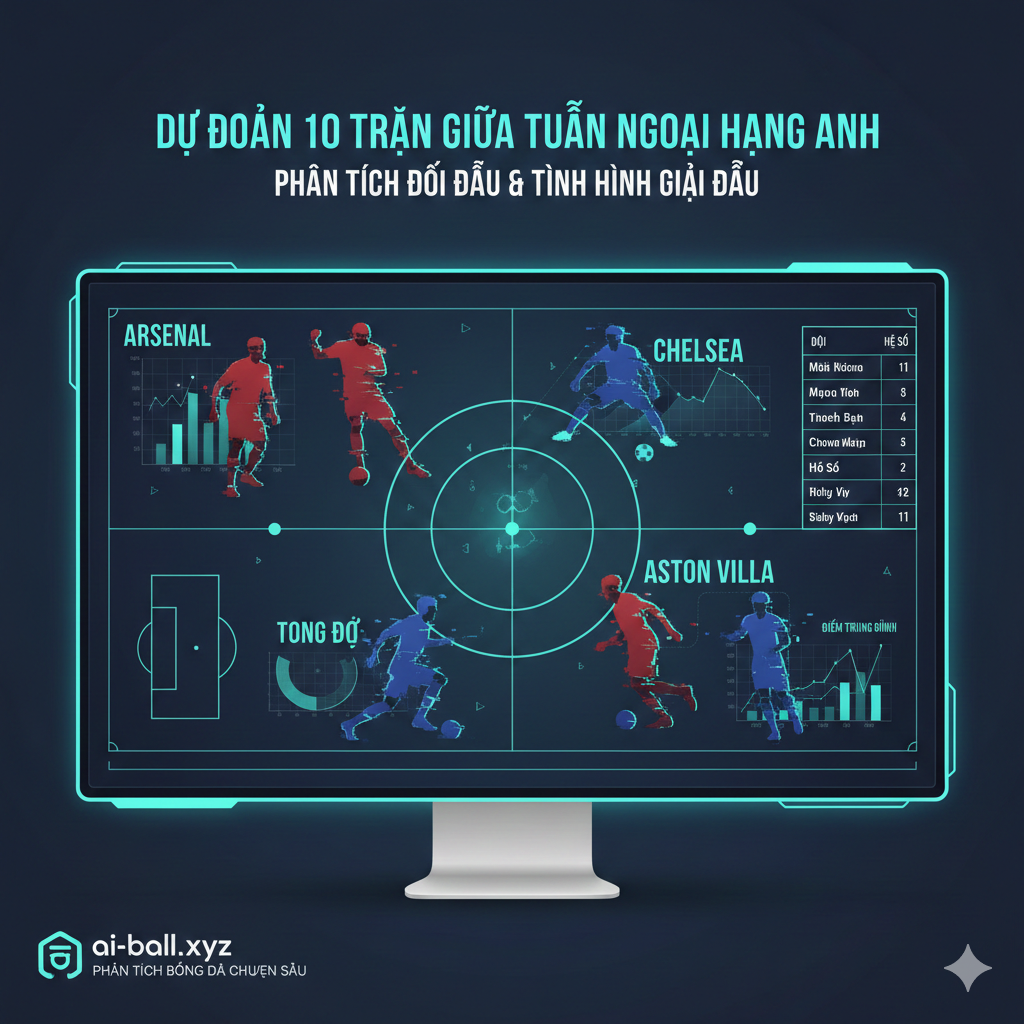 An analytical content image showcasing a tactical football board or digital screen. It features action silhouettes of players from teams like Arsenal, Aston Villa, and Chelsea in mid-motion (dribbling or celebrating). Superimposed on the background are abstract data visualization elements like glowing charts, heat maps, and scoreboards.