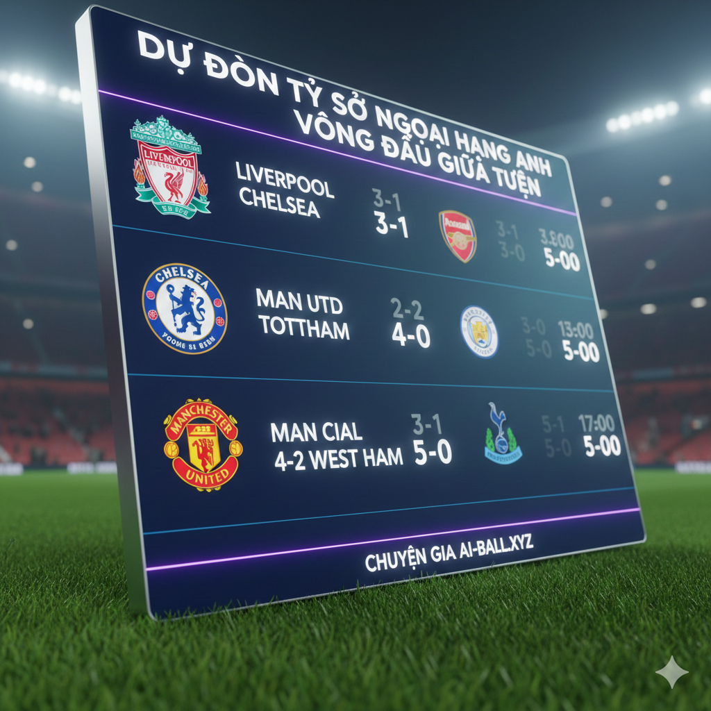 Hình ảnh tổng hợp mang phong cách Infographic 3D rực rỡ, hiển thị một bảng điện tử lớn đặt trên mặt cỏ xanh mướt của sân vận động Anfield hoặc Old Trafford. Trên bảng hiển thị logo của các đội bóng như Liverpool, Chelsea, Man Utd và Tottenham cùng các con số dự đoán tỷ số mờ ảo. Phong cách hình ảnh sắc nét, độ tương phản cao, sử dụng tông màu lạnh làm nền để làm nổi bật sự kịch tính của các trận đấu. Bố cục trung tâm với ánh sáng tập trung vào các biểu tượng câu lạc bộ, tạo cảm giác chuyên nghiệp cho trang ai-ball.xyz.