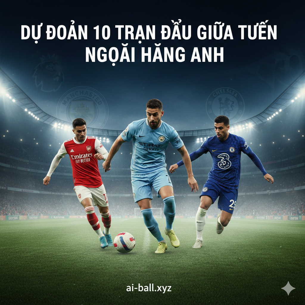 Một hình ảnh kịch tính mô phỏng không khí vòng đấu giữa tuần tại Ngoại hạng Anh. Trung tâm là một sân vận động hiện đại rực rỡ dưới ánh đèn pha đêm, với cỏ xanh mướt và hiệu ứng sương mù nhẹ. Ở tiền cảnh, hình ảnh đồ họa 3D của các cầu thủ chủ chốt từ Arsenal, Man City và Chelsea đang trong tư thế thi đấu quyết liệt. Màu sắc chủ đạo là xanh dương đậm của bầu trời đêm kết hợp với ánh sáng vàng rực từ đèn sân vận động, tạo cảm giác sôi động và chuyên nghiệp. Phong cách thiết kế mang tính thể thao hiện đại, bố cục cân đối với logo các đội bóng mờ ảo ở phía sau.