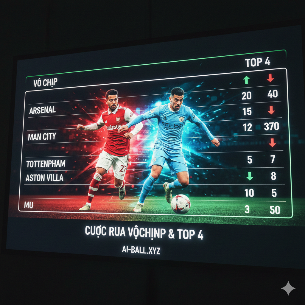 Hình ảnh minh họa cho cuộc đua vào Top 4 và ngôi vô địch. Bối cảnh là một bảng xếp hạng Premier League kỹ thuật số phát sáng rực rỡ trên màn hình lớn. Hai cầu thủ biểu tượng cho sự đối đầu giữa Arsenal và Man City đang tranh bóng mạnh mẽ. Phong cách hình ảnh thực tế kết hợp với hiệu ứng ánh sáng neon màu đỏ và xanh lá cây, tượng trưng cho phong độ và sự thăng tiến. Ánh sáng tập trung vào trung tâm, tạo hiệu ứng chuyển động nhanh, mang lại cảm giác kịch tính cho người xem về các trận cầu tâm điểm giữa tuần.