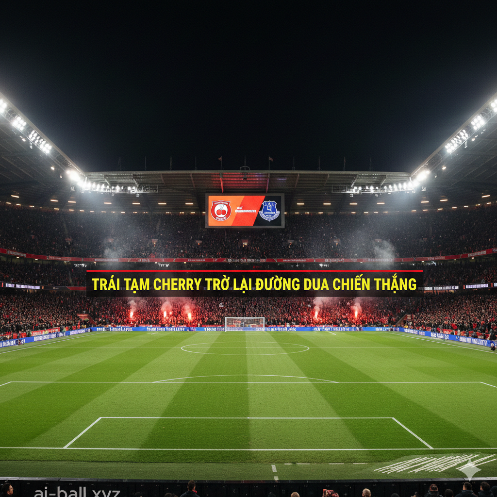 Toàn cảnh sân vận động Vitality rực rỡ dưới ánh đèn đêm, tập trung vào bảng điện tử hiển thị logo của Bournemouth và Everton. Hình ảnh phản ánh sự cuồng nhiệt của người hâm mộ Ngoại hạng Anh với những dải màu đỏ và đen đặc trưng của đội chủ nhà chiếm ưu thế. Ánh sáng vàng từ dàn đèn pha phản chiếu trên mặt cỏ xanh mướt tạo nên một khung cảnh chuyên nghiệp và đầy cảm hứng. Phong cách chụp ảnh thể thao góc rộng, tập trung vào sự chuẩn bị kỹ lưỡng và tinh thần quyết tâm trước trận đấu quan trọng.