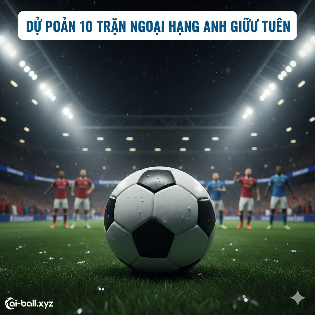 A high-intensity cinematic shot of a modern Premier League stadium under bright floodlights at night. In the center, a high-quality 3D football rests on the lush green grass with water droplets. In the background, blurred silhouettes of diverse football fans in various team colors like red, blue, and white are cheering. The atmosphere is electric and dramatic, with a slight misty glow from the stadium lights. Vivid colors, sharp focus on the ball, and a professional sports broadcast aesthetic.