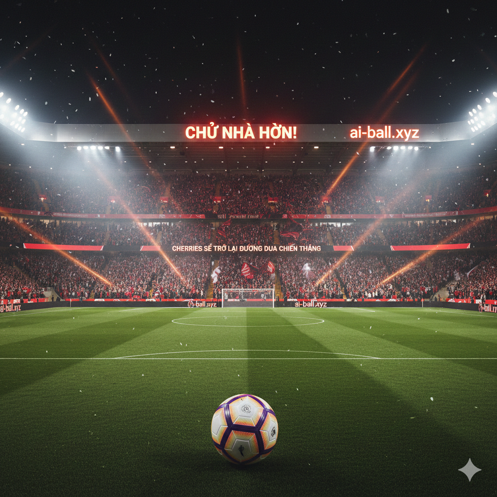 A high-energy cinematic wide shot of Bournemouth's Vitality Stadium at night under bright floodlights. The foreground features a professional football with the Premier League logo, resting on the lush green grass. In the background, the stadium stands are filled with fans wearing red and black colors. The atmosphere is intense and dramatic, with a slight mist in the air and vibrant lighting focusing on the pitch. Cinematic photography style, sharp focus, 8k resolution, capturing the anticipation of a major match.
