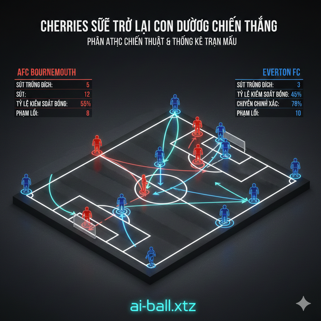 A detailed tactical analysis view of a football pitch from a top-down or isometric perspective. The image shows red icons representing Bournemouth players and blue icons representing Everton players in a strategic formation. There are glowing tactical lines and arrows indicating player movement and attacking zones. The style is modern, digital, and clean, using a dark background with neon accents to fit the ai-ball.xyz sports data aesthetic. Professional sports broadcast graphics style.