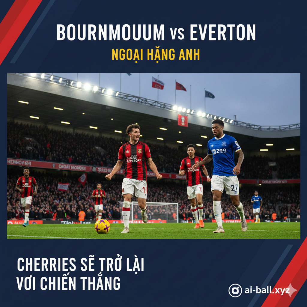 A high-action cinematic wide shot capturing the intense atmosphere of a Premier League match at the Vitality Stadium. In the foreground, a Bournemouth player in their iconic red and black striped kit is seen celebrating or competing for the ball against an Everton player in a royal blue jersey. The stadium floodlights create a dramatic glow under a twilight sky, with a blurred crowd in the background waving flags. The style is professional sports photography with vivid colors, high contrast, and a sharp focus on the players to convey the 'winning ways' theme.