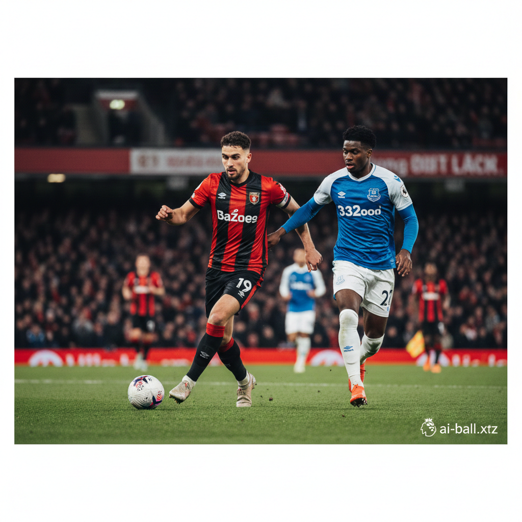 A high-intensity action shot at Vitality Stadium featuring a Bournemouth player in their iconic red and black striped kit dribbling past an Everton defender in a blue jersey. The background shows a packed stadium with blurred spectators under bright floodlights, creating a professional Premier League match atmosphere. The style is cinematic sports photography with vibrant colors, a shallow depth of field, and sharp focus on the players' determined expressions and the movement of the ball.