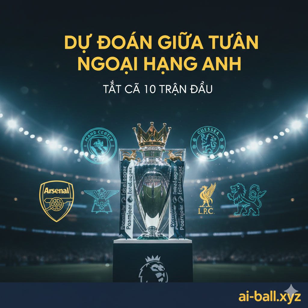 Một bức ảnh mang tính biểu tượng của giải Ngoại hạng Anh trong ánh đèn sân vận động rực rỡ vào ban đêm. Hình ảnh trung tâm là chiếc cúp Premier League sáng bóng đặt trên bục, xung quanh là hiệu ứng ánh sáng mờ ảo của các biểu tượng câu lạc bộ lớn như Arsenal, Man City, Liverpool và Chelsea. Phong cách nhiếp ảnh thể thao hiện đại, góc nhìn thấp tạo sự hùng vĩ, tông màu xanh navy và vàng gold sang trọng, truyền tải bầu không khí kịch tính của các trận đấu giữa tuần dưới ánh đèn cao áp.