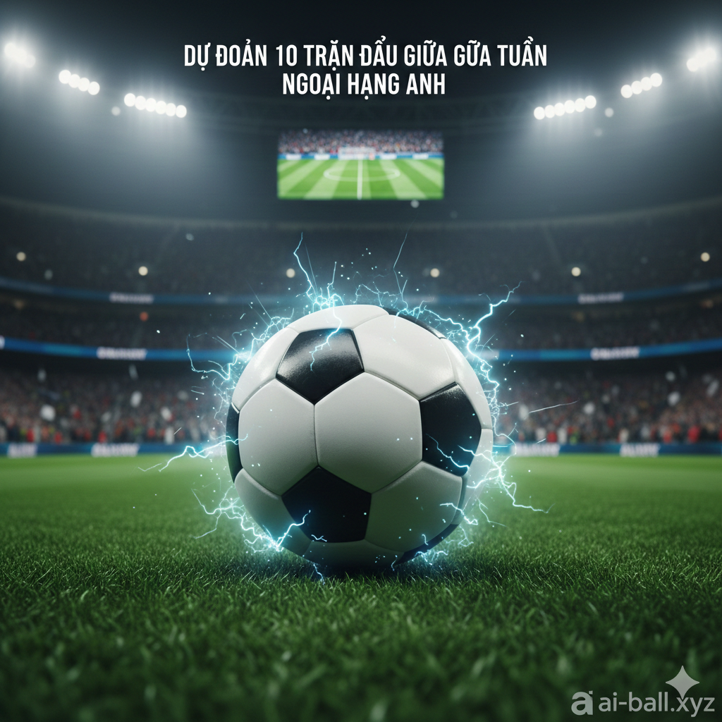 Hình ảnh cận cảnh một quả bóng đá hiện đại trên thảm cỏ xanh mướt của sân vận động, có hiệu ứng chuyển động nhanh và tia lửa điện xung quanh để thể hiện sự bùng nổ. Phía sau là khán đài mờ ảo đầy cổ động viên đang reo hò. Màu sắc rực rỡ với sự tương phản cao giữa màu xanh của cỏ và ánh sáng trắng từ đèn sân vận động. Bố cục quy tắc một phần ba, tập trung vào quả bóng để tượng trưng cho sự cạnh tranh quyết liệt giữa 20 câu lạc bộ trong vòng đấu giữa tuần.