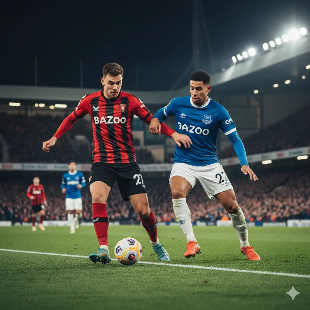 Một hình ảnh kịch tính mô phỏng trận đấu bóng đá tại Ngoại hạng Anh giữa Bournemouth và Everton trên sân vận động Vitality. Hình ảnh tập trung vào hai cầu thủ đại diện cho hai đội (đỏ đen và xanh dương) đang tranh chấp bóng quyết liệt. Bối cảnh là sân vận động rực rỡ dưới ánh đèn đêm, cỏ xanh mướt, khán đài đầy ắp khán giả mờ ảo tạo chiều sâu. Phong cách nhiếp ảnh thể thao chuyên nghiệp, độ tương phản cao, màu sắc rực rỡ và độ chi tiết sắc nét, truyền tải bầu không khí căng thẳng của một trận cầu quyết định.